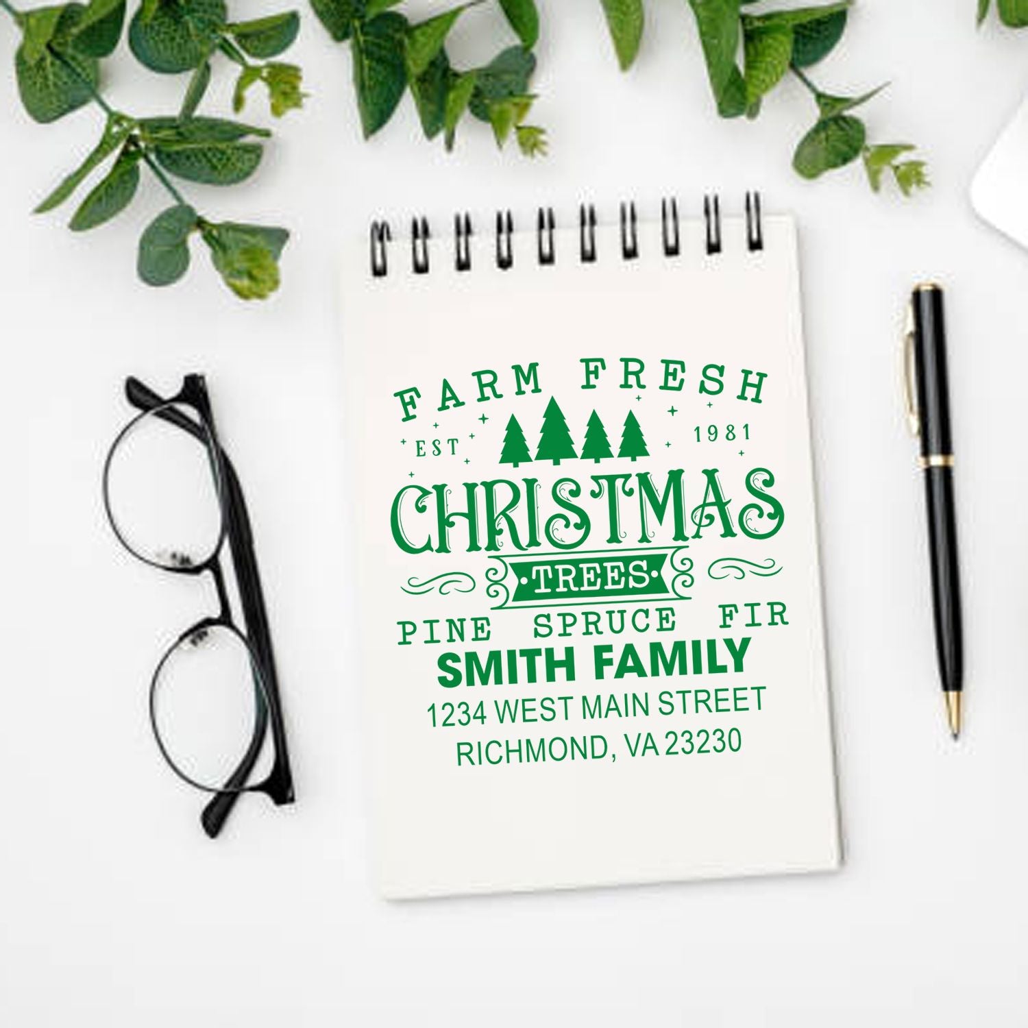 Custom Farm Fresh Christmas Trees rubber stamp design with Smith Family name and address for holiday cards and gifts.
