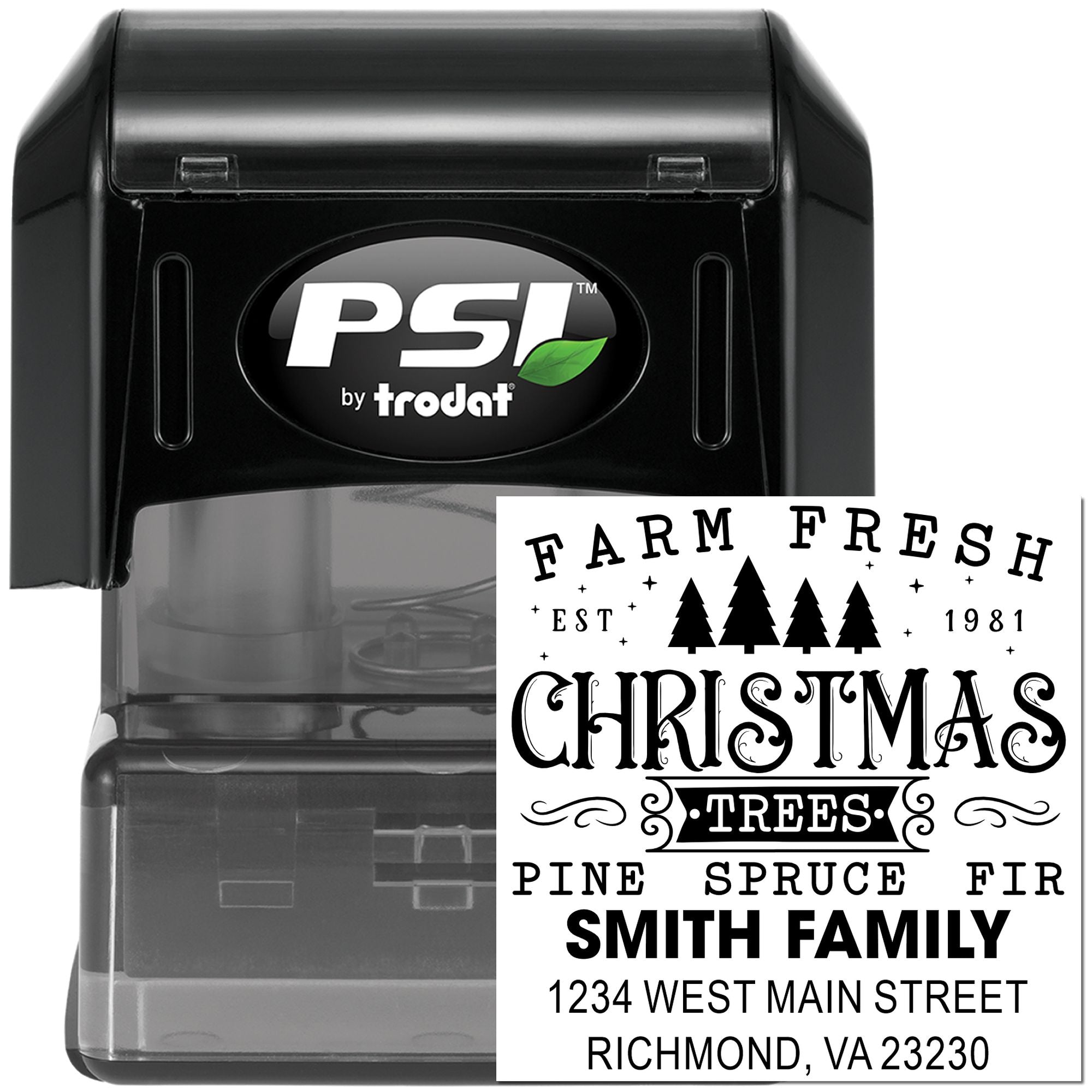 PSI by Trodat self-inking holiday rubber stamp with Farm Fresh Christmas Trees family address design
