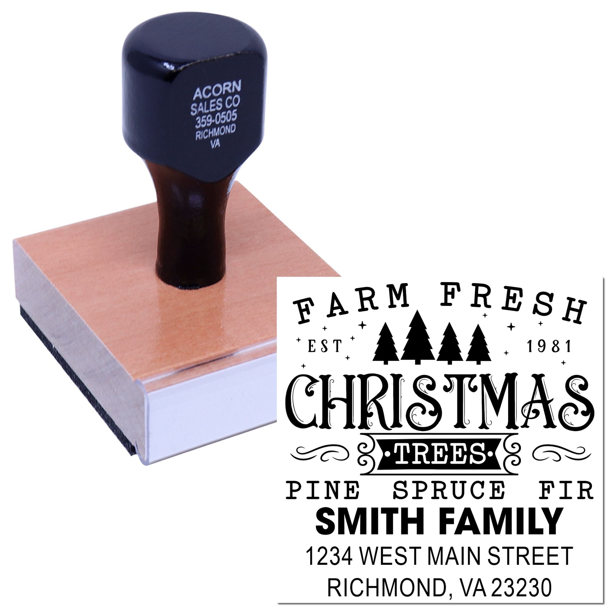 Custom Christmas return address rubber stamp for Smith family with trees design and Richmond, VA address.