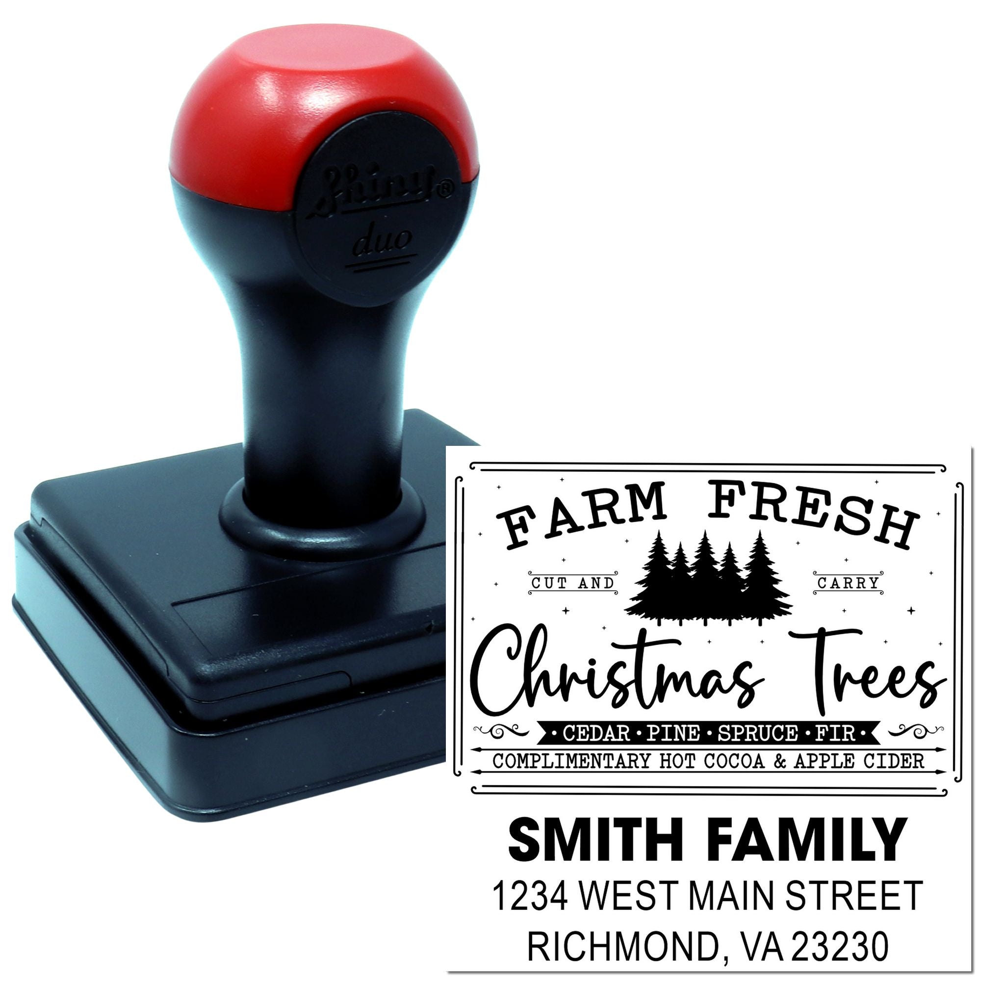 Custom self-inking rubber stamp for Farm Fresh Christmas Trees, personalized with family name and address.