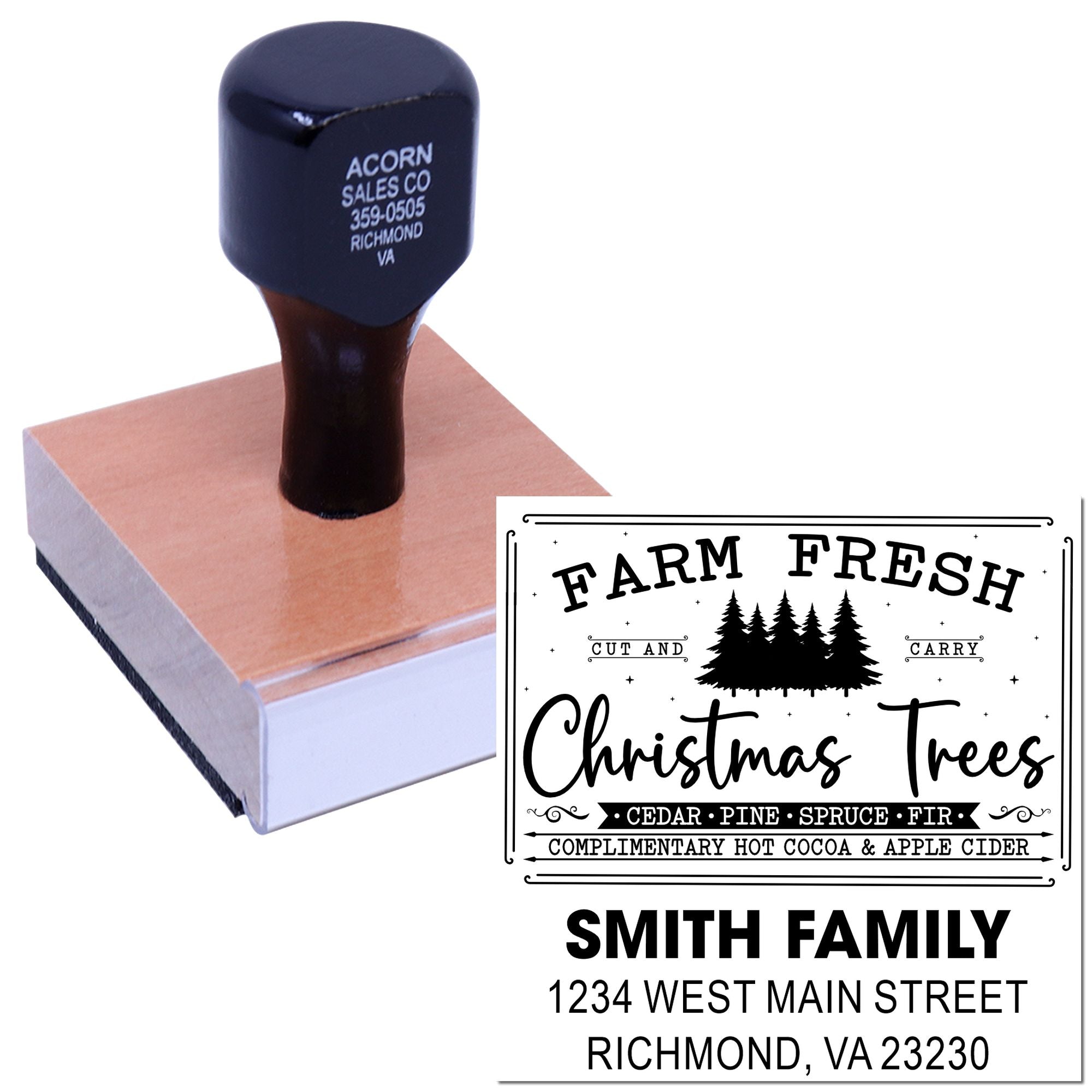 Custom rubber stamp for Farm Fresh Christmas Trees with Smith family address, ideal for holiday packaging and events.