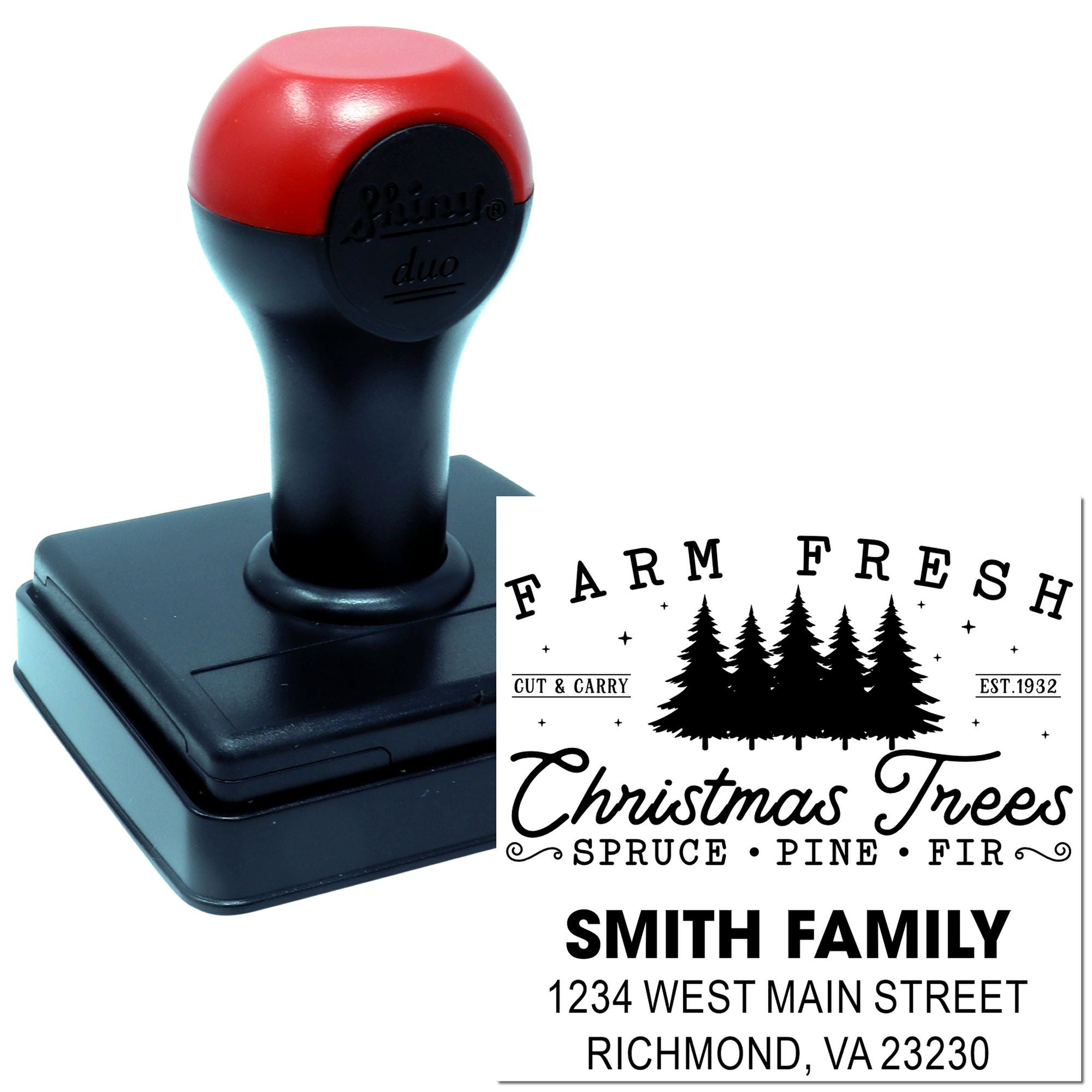 Custom self-inking rubber stamp with Farm Fresh Christmas Trees holiday address design for the Smith Family.