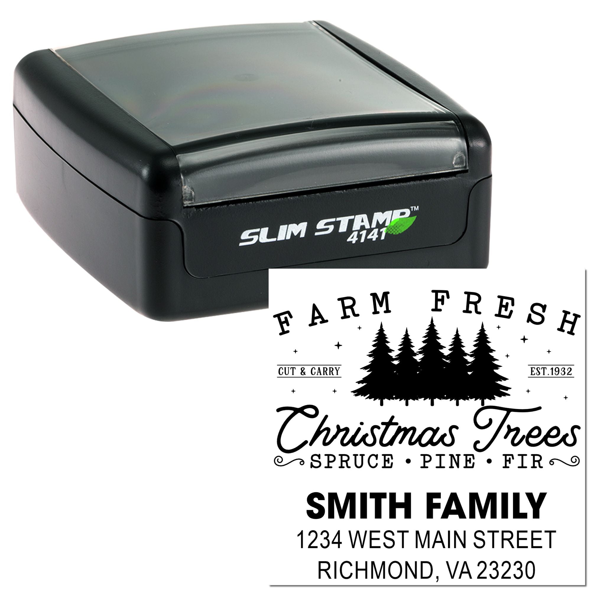 Slim self-inking rubber stamp with personalized Christmas Trees return address design for family mailings