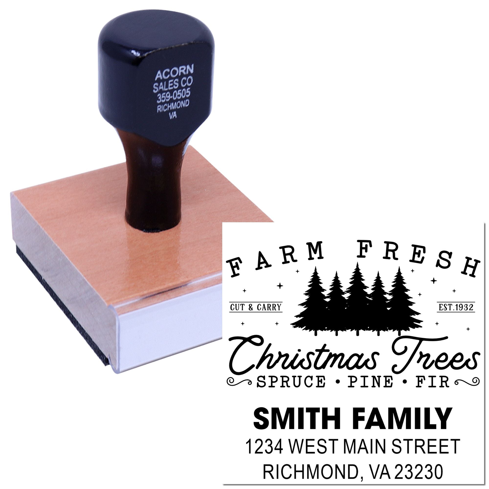 Custom rubber stamp for holiday packaging with Farm Fresh Christmas Trees design and personalized Smith Family return address.
