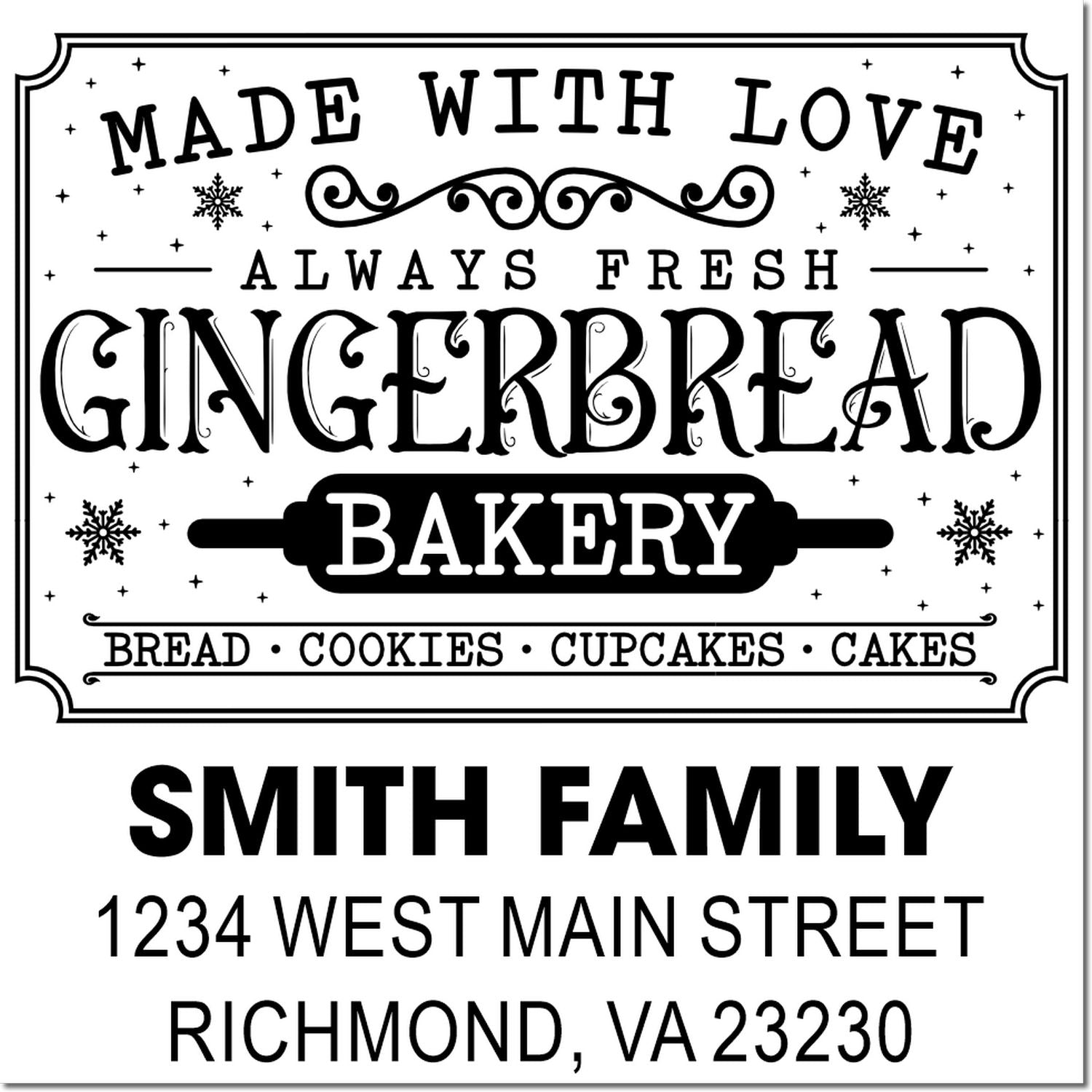 Custom bakery rubber stamp with Made With Love Gingerbread Bakery branding and Smith family return address.