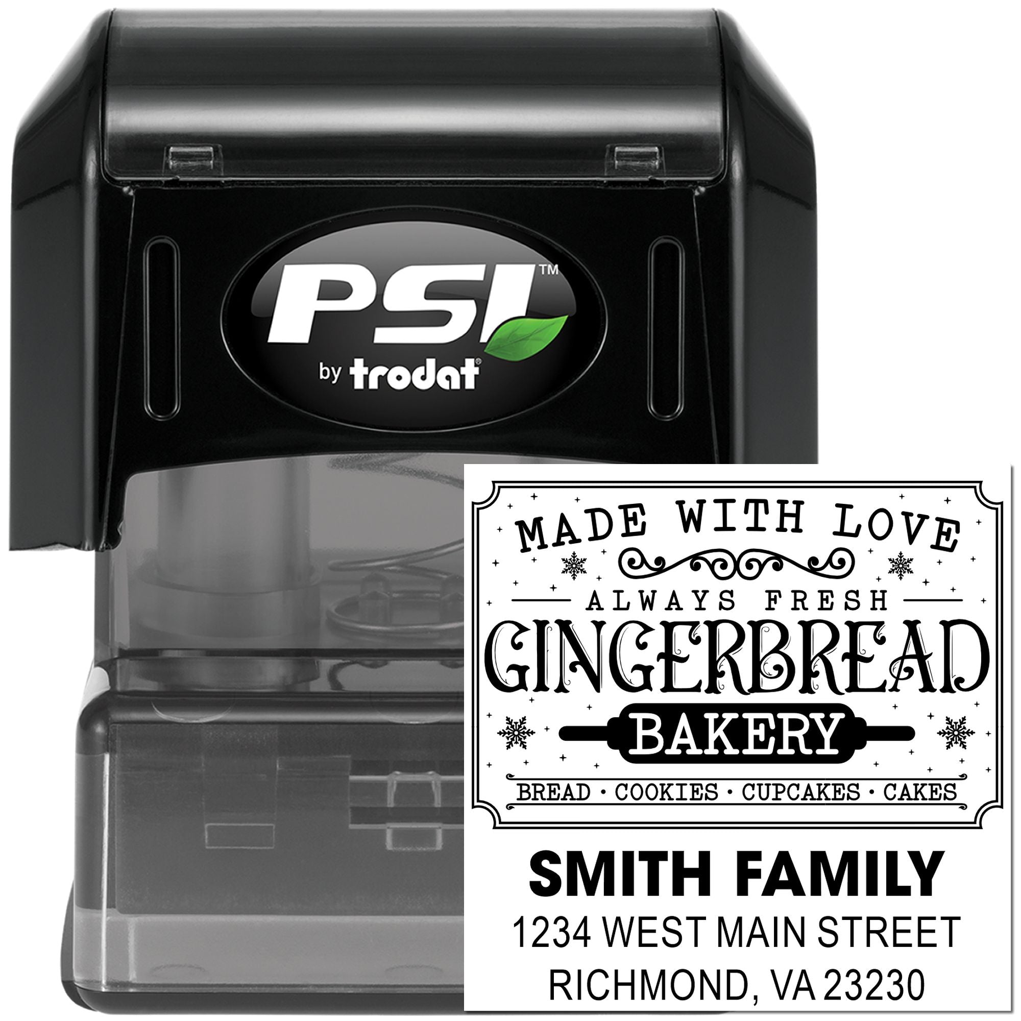 Custom self-inking rubber stamp by PSI/Trodat with personalized Smith Family gingerbread bakery return address design.