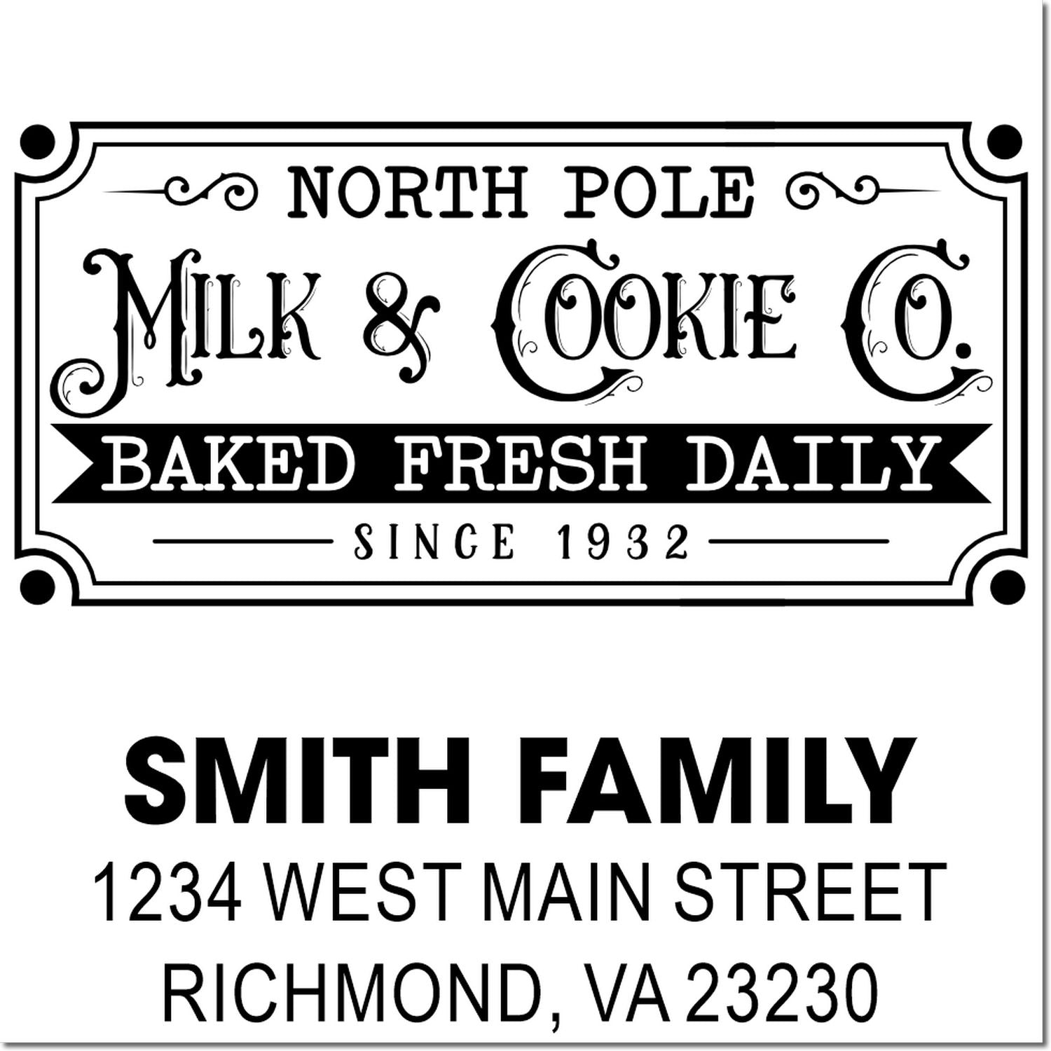 Custom rubber stamp designs for holiday baking and return mail, including North Pole Milk & Cookie Co. and Smith Family address.