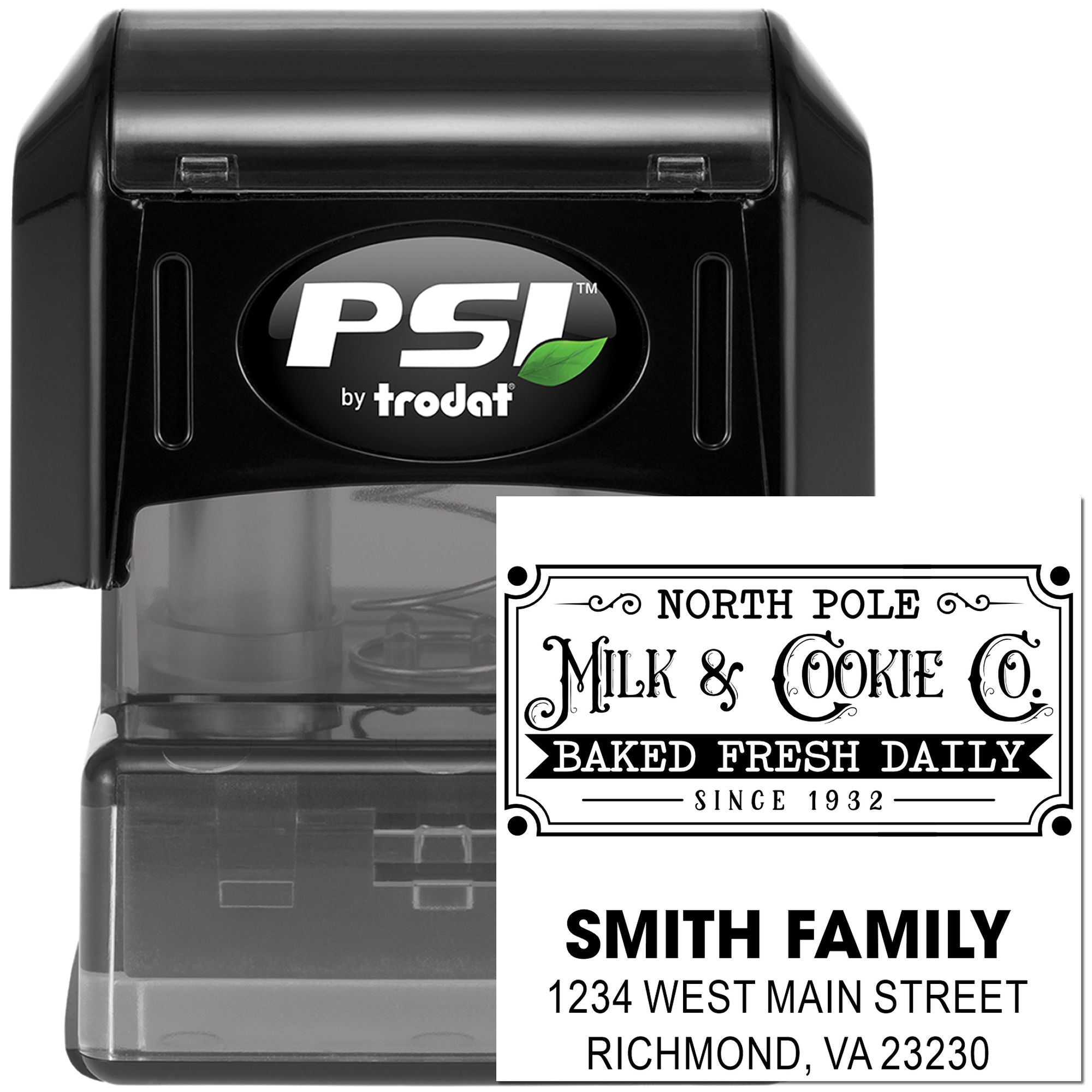 Self-inking PSI by Trodat rubber stamp with custom address and bakery-style logo examples for personalized branding.