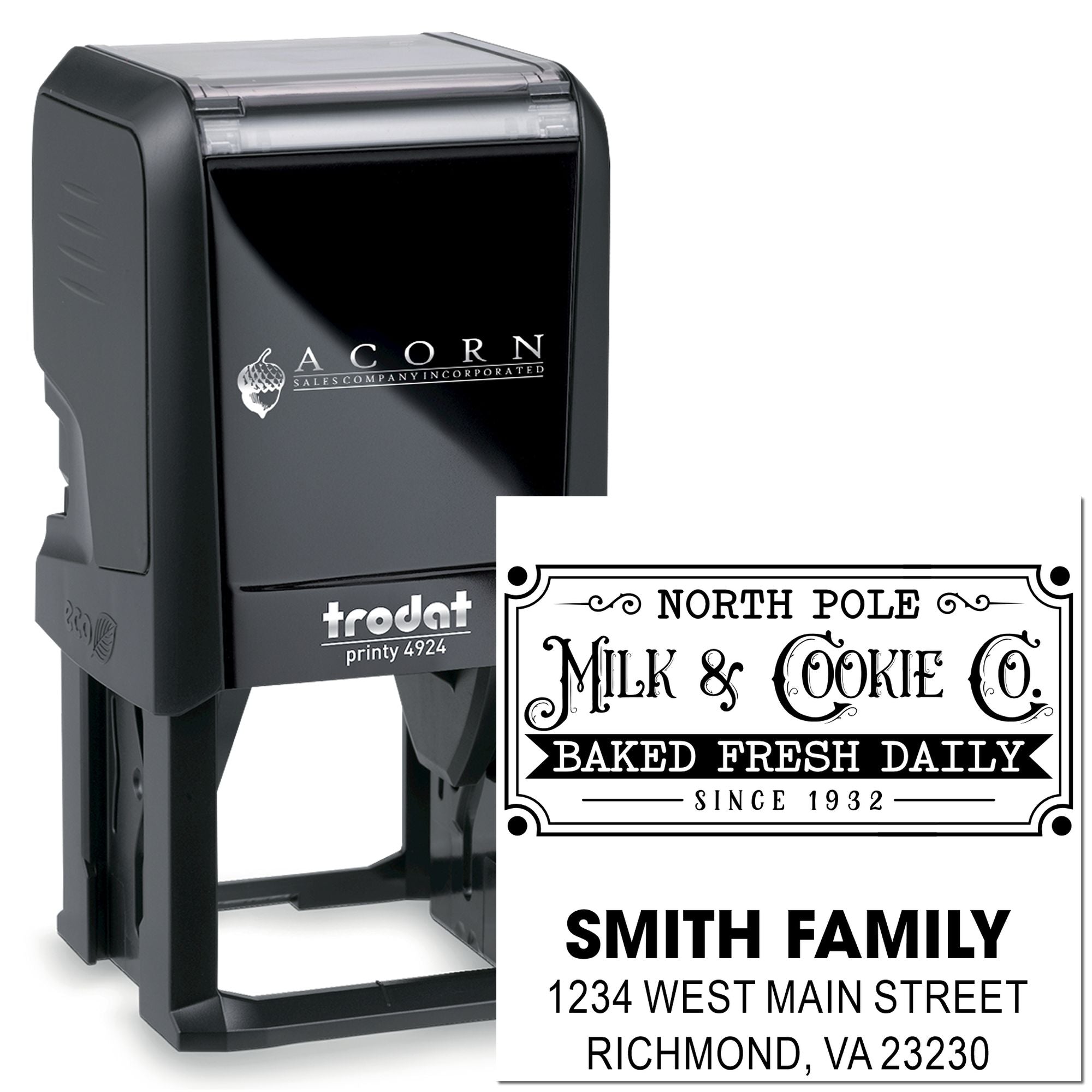 Custom self-inking rubber stamp with Trodat Printy 4924 and sample business, address, and bakery imprint designs.