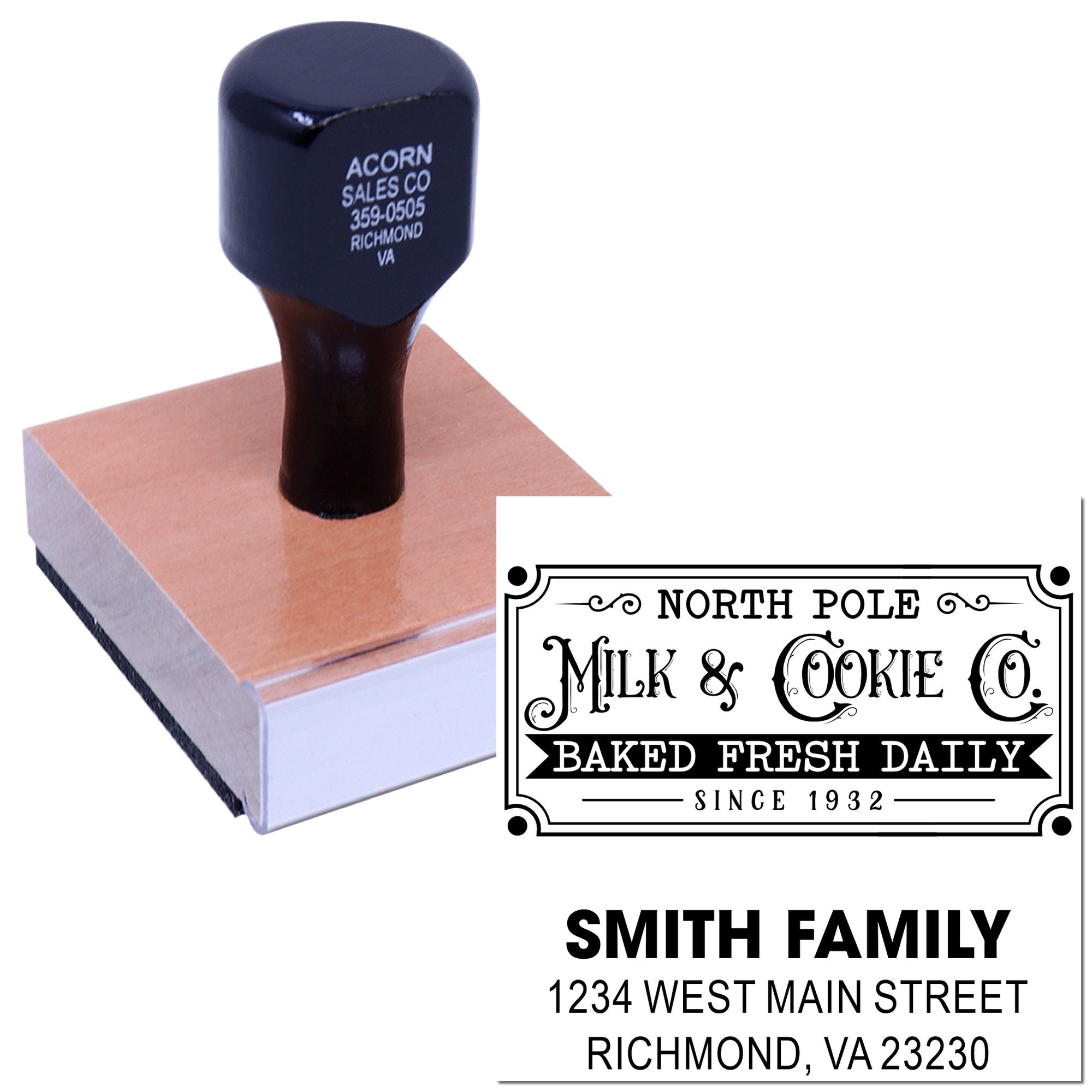 Custom rubber stamp with personalized logo and address imprint examples for business branding.