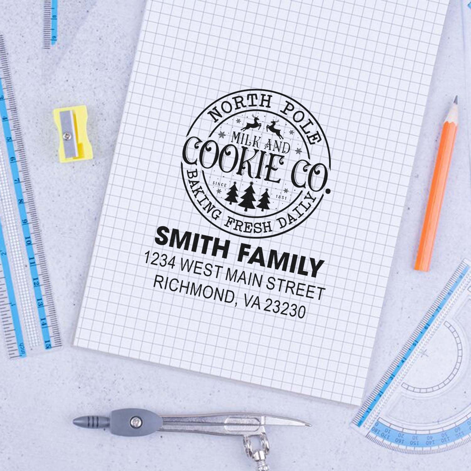 Custom rubber stamp mockup for North Pole Cookie Co. with Smith Family return address, ideal for personalized address stamps.