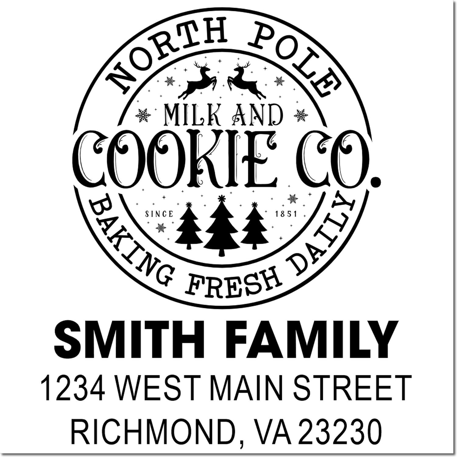 Custom North Pole Cookie Co. rubber stamp design with Smith Family name and Richmond, VA address for holiday bakery branding.