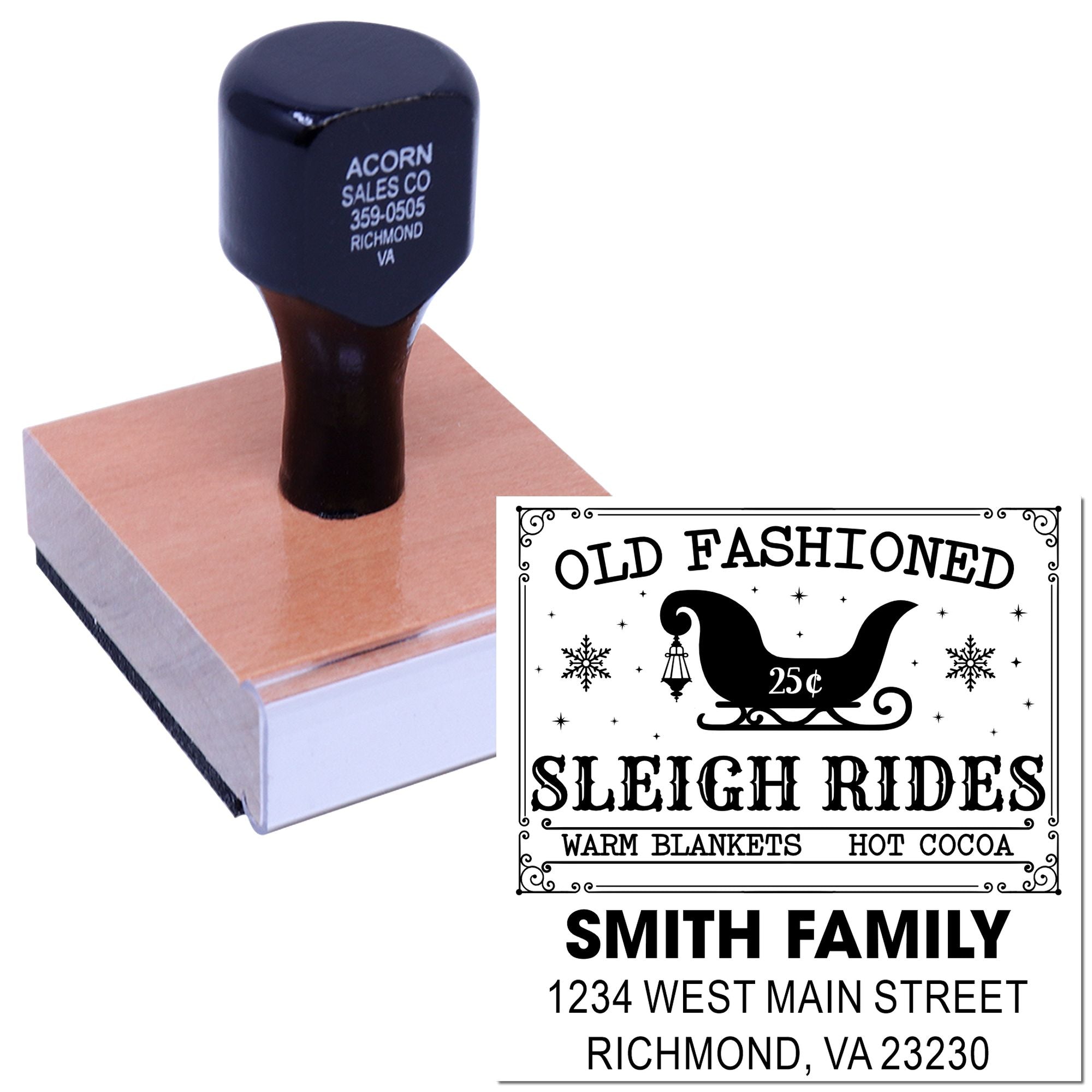 Custom rubber stamp with old fashioned sleigh rides design and personalized Smith family address for holiday stationery.