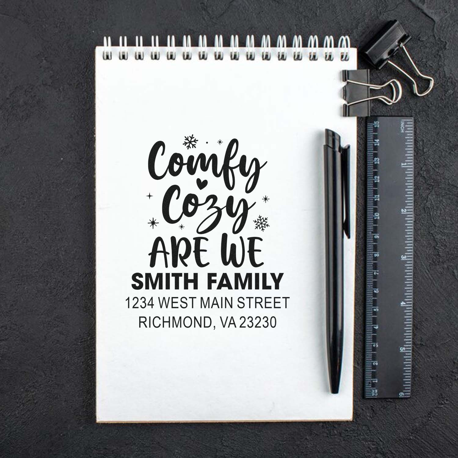 Custom family address rubber stamp with cozy holiday quote for Smith family envelopes and personalized mail.