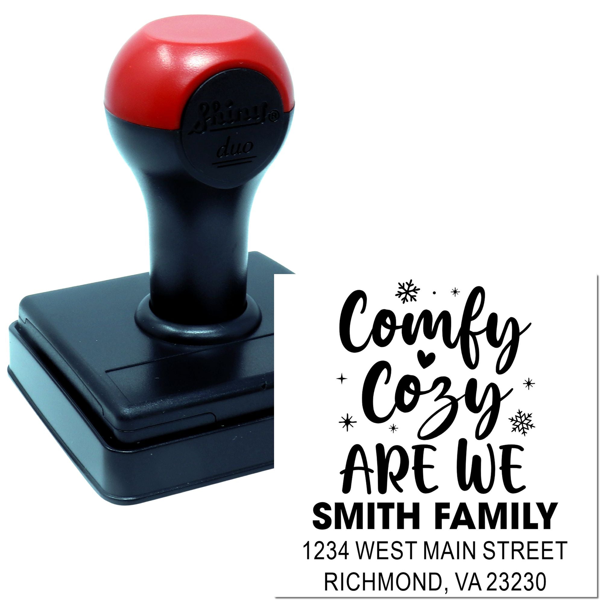 Custom self-inking return address rubber stamp with Comfy Cozy design for Smith Family mailings.
