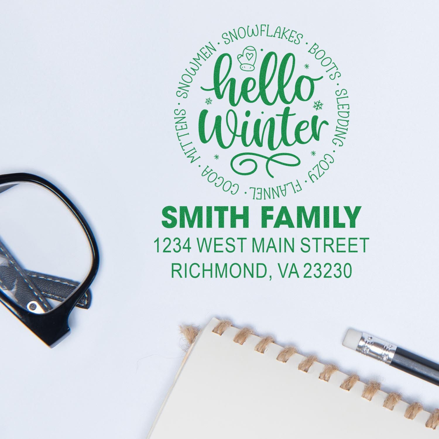 Custom winter address rubber stamp with hello winter design, Smith Family name, and Richmond, VA address for cards and crafts.