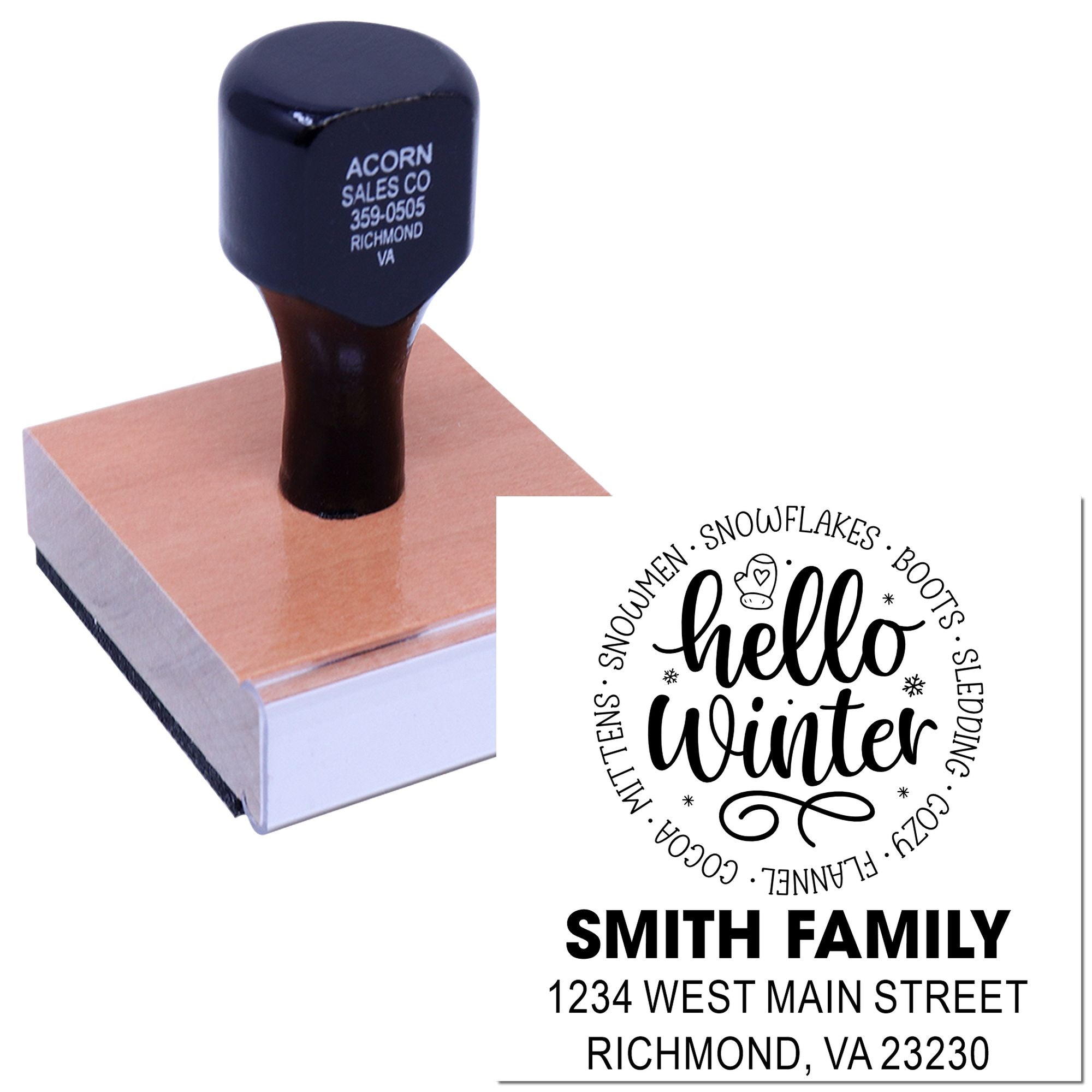Personalized rubber stamp with Hello Winter holiday design, Smith family name, and address for custom mailing.