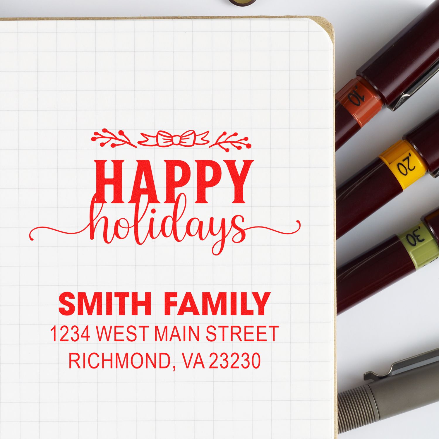 Custom holiday address rubber stamp design with Happy Holidays and Smith Family return address for festive card making.