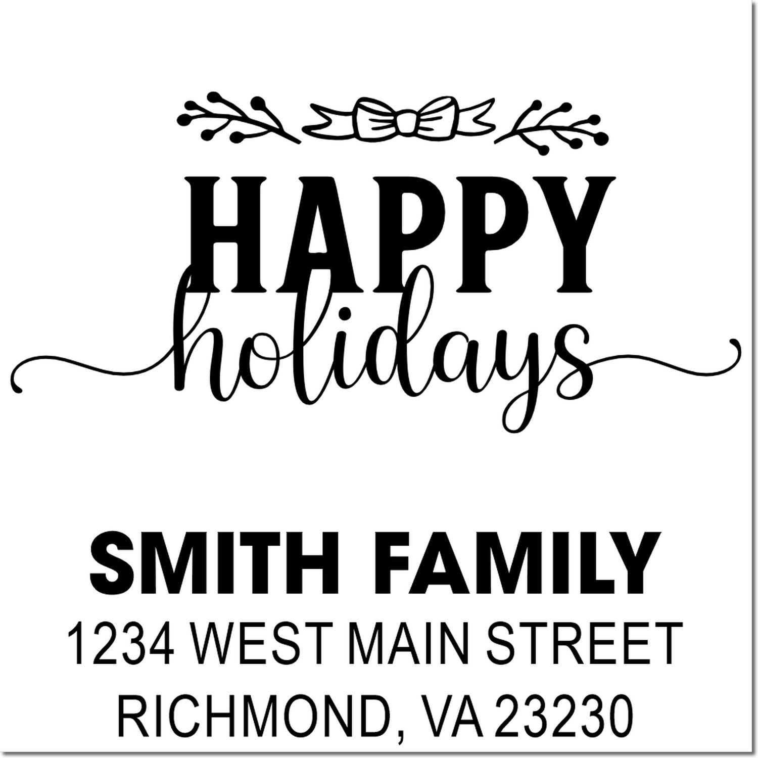 Custom rubber stamps: Happy Holidays greeting stamp and personalized Smith Family address stamp with name and full address.