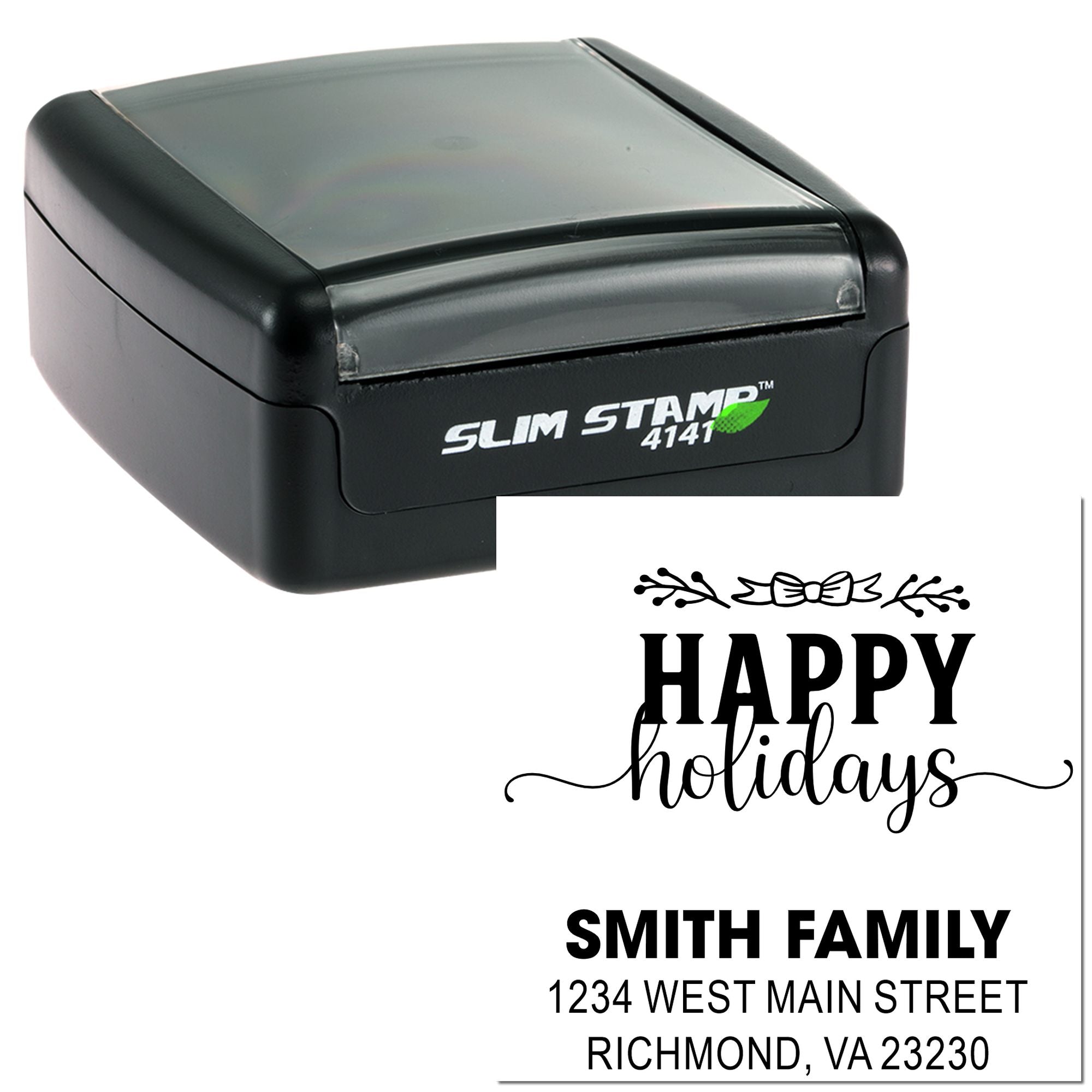 Slim Stamp self-inking rubber stamp with holiday greeting and return address imprint examples