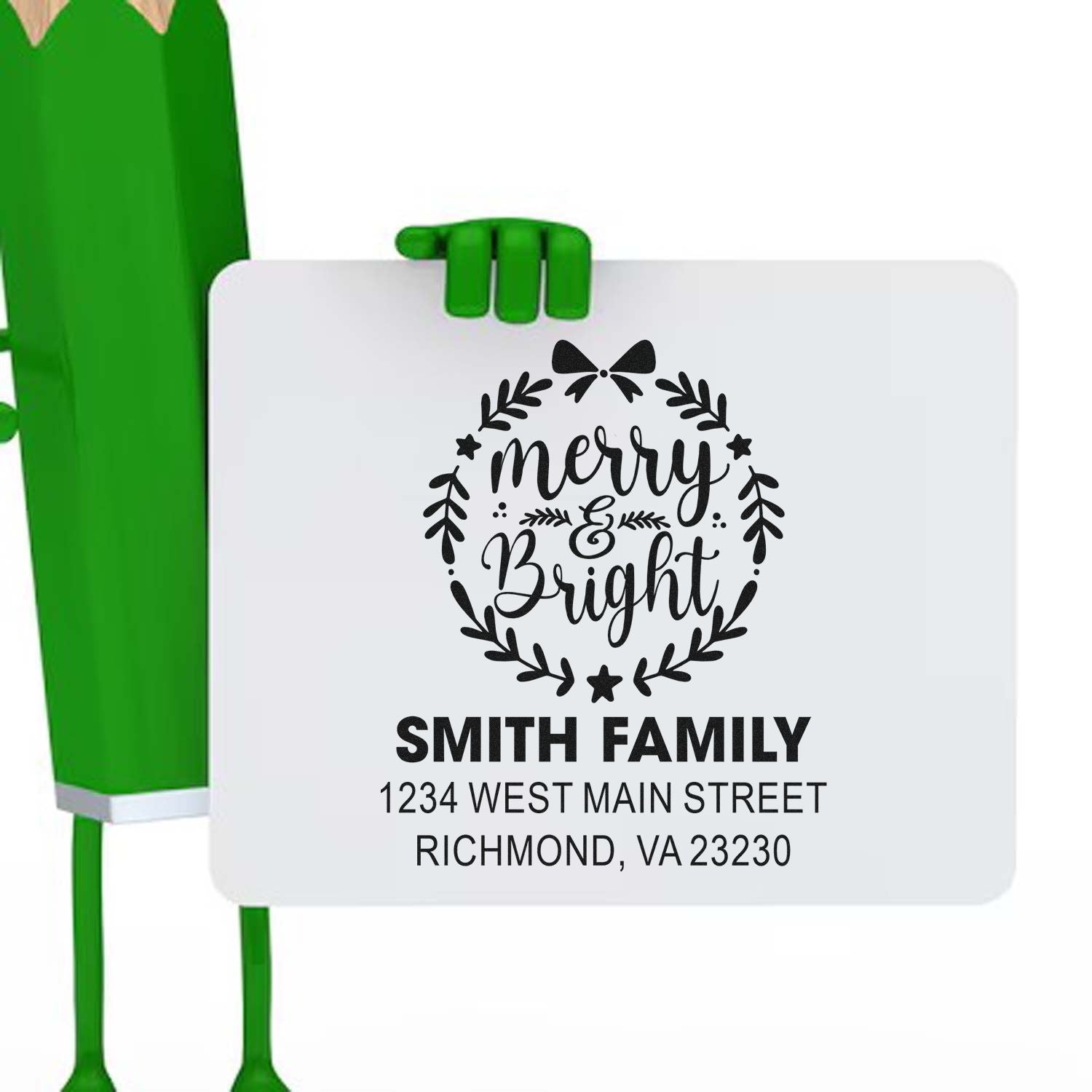 Custom Merry & Bright return address rubber stamp for the Smith family, with name and Richmond, VA address.