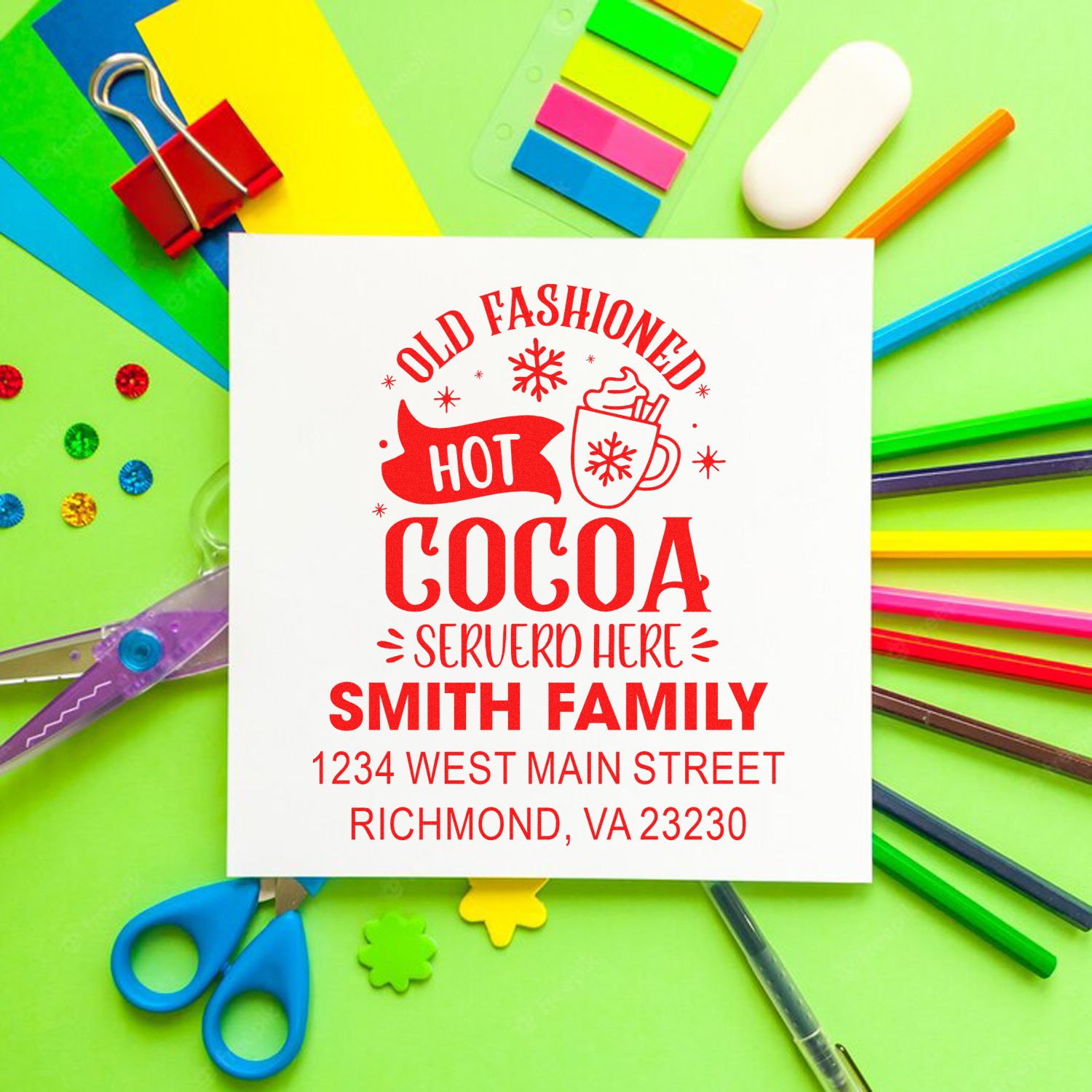 Personalized rubber stamp for holiday cards with Old Fashioned Hot Cocoa design and Smith Family return address
