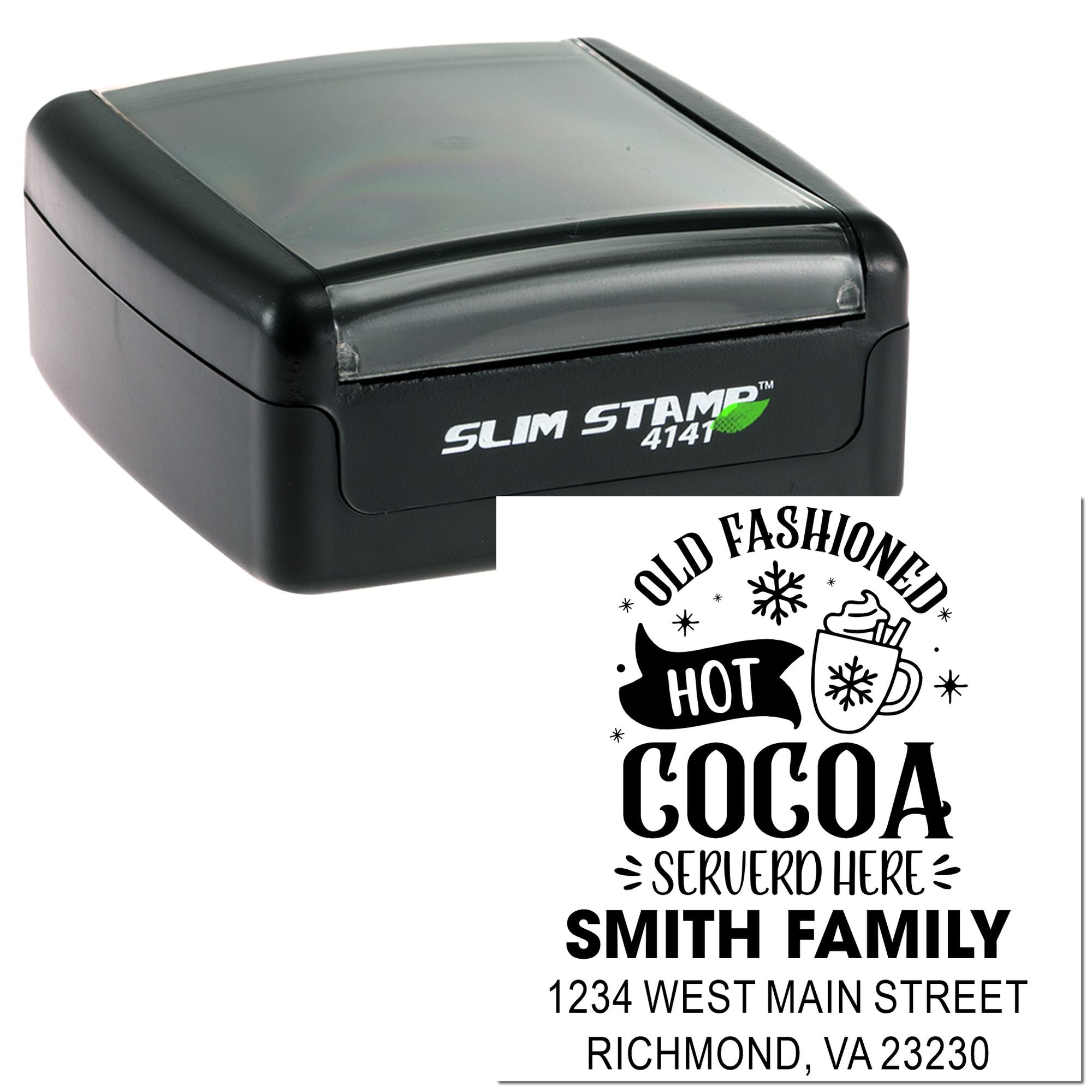 Personalized self-inking rubber stamp for holiday mailings, featuring Old Fashioned Hot Cocoa and Smith Family address.