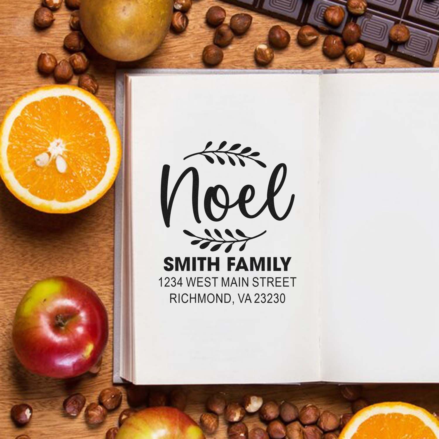 Custom Noel Smith family return address rubber stamp with floral design for personalized envelopes, cards, and holiday mail.