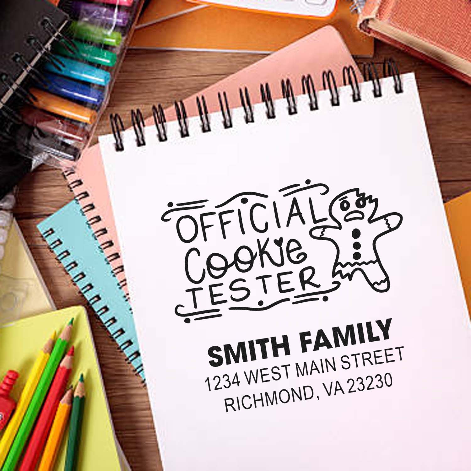 Custom rubber stamp with Official Cookie Tester and personalized family name/address, perfect for baking and gift packaging.