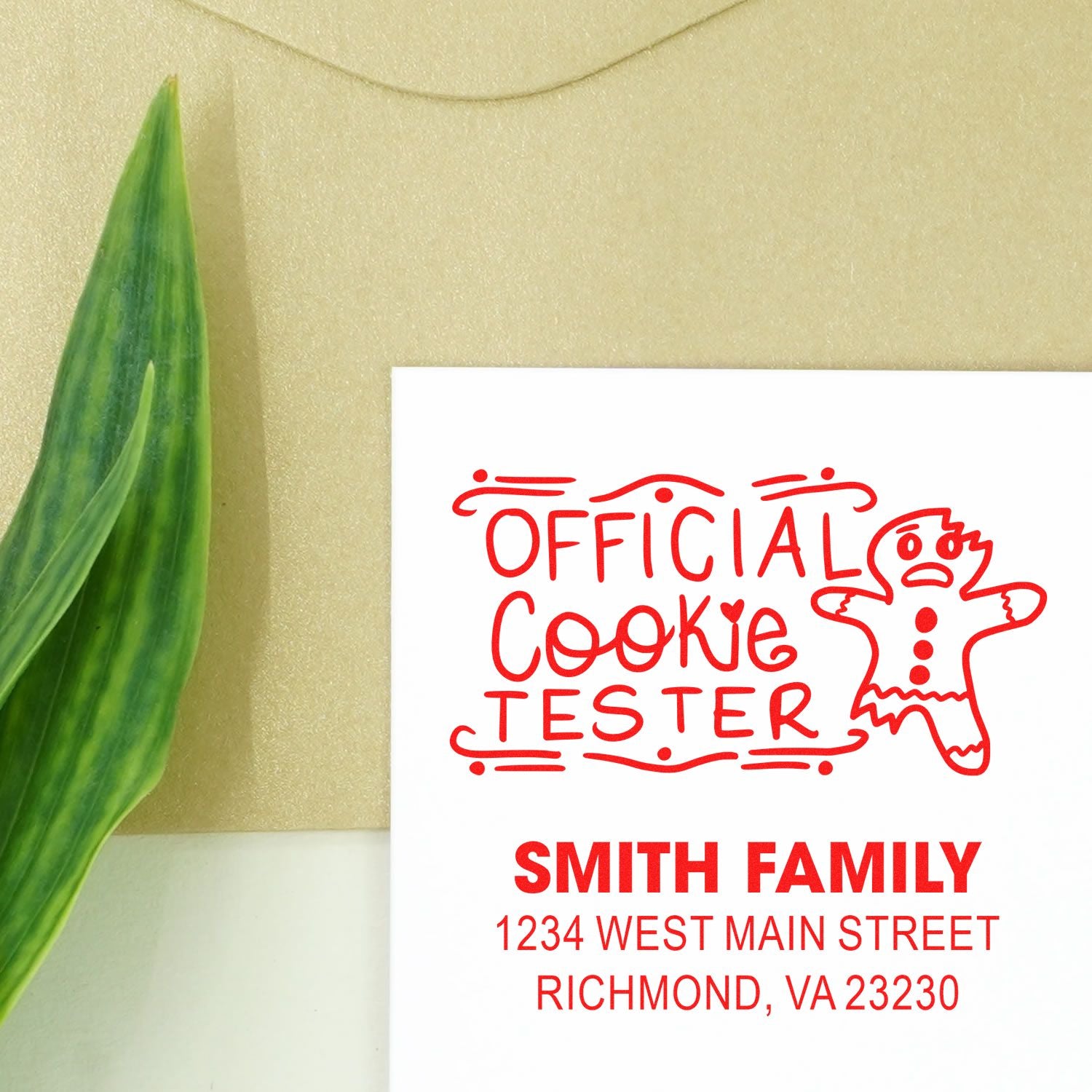 Custom rubber stamp design for Official Cookie Tester, personalized with Smith Family name and Richmond, VA address.