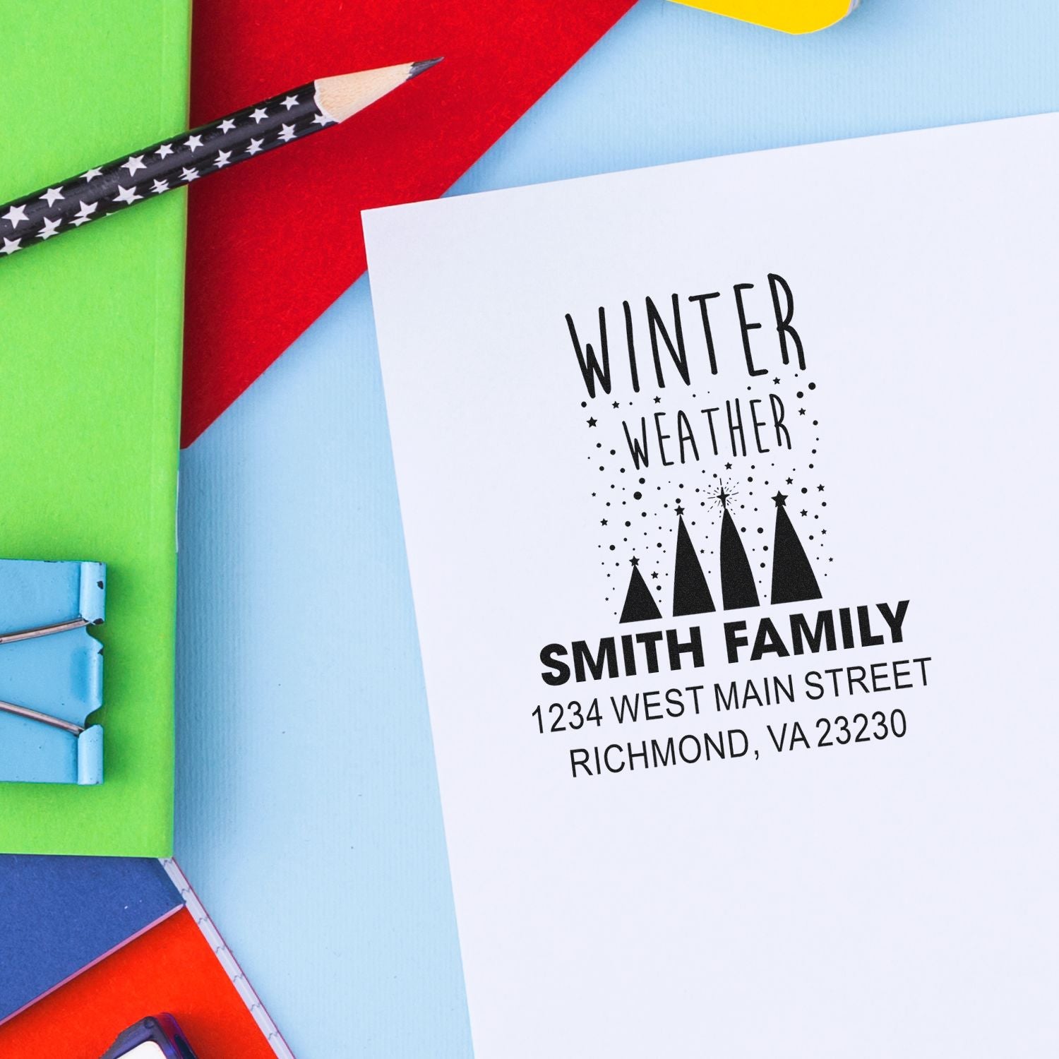 Personalized winter weather return address rubber stamp for family holiday cards and stationery.