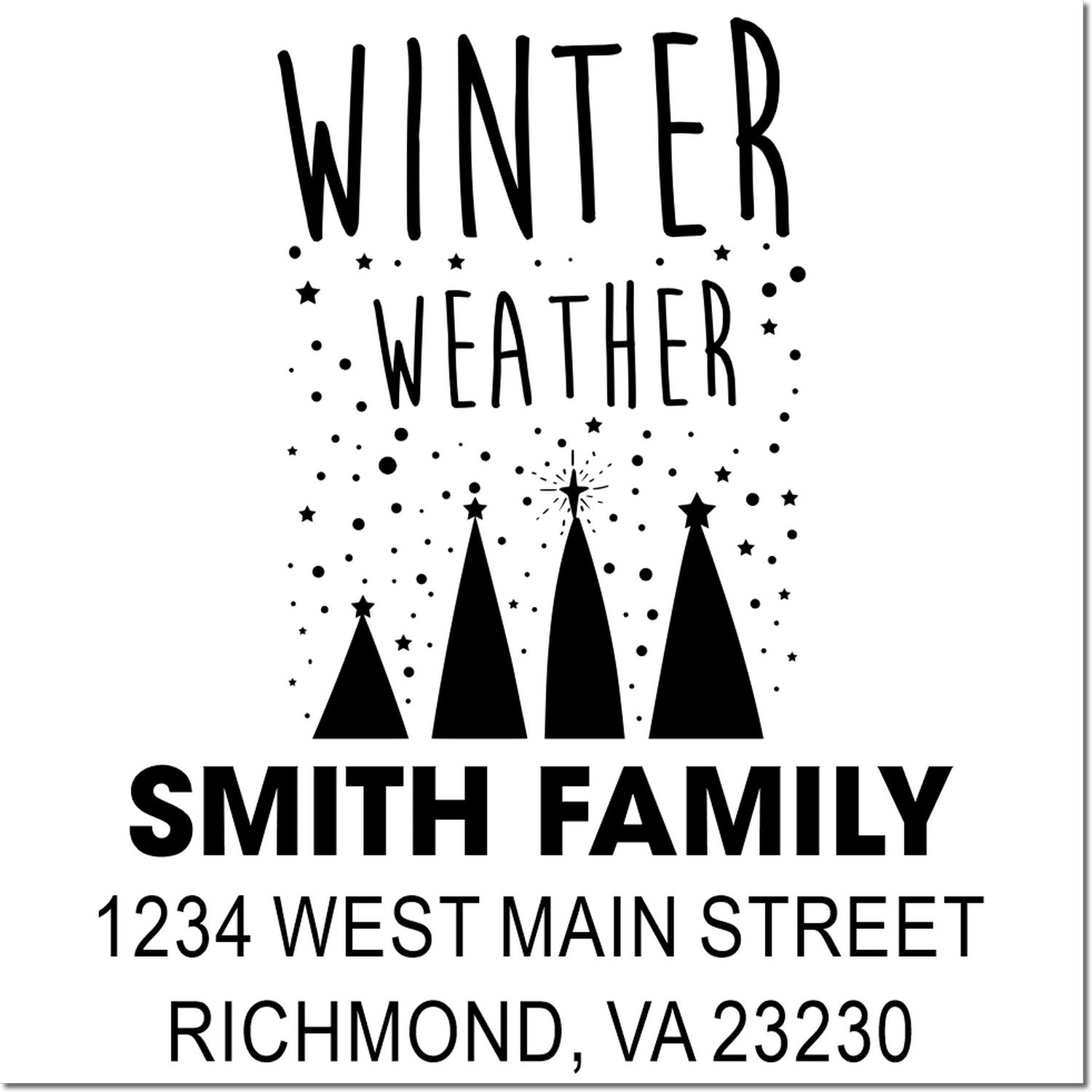 Personalized winter weather return address rubber stamp with Christmas tree design, Smith Family, Richmond VA.