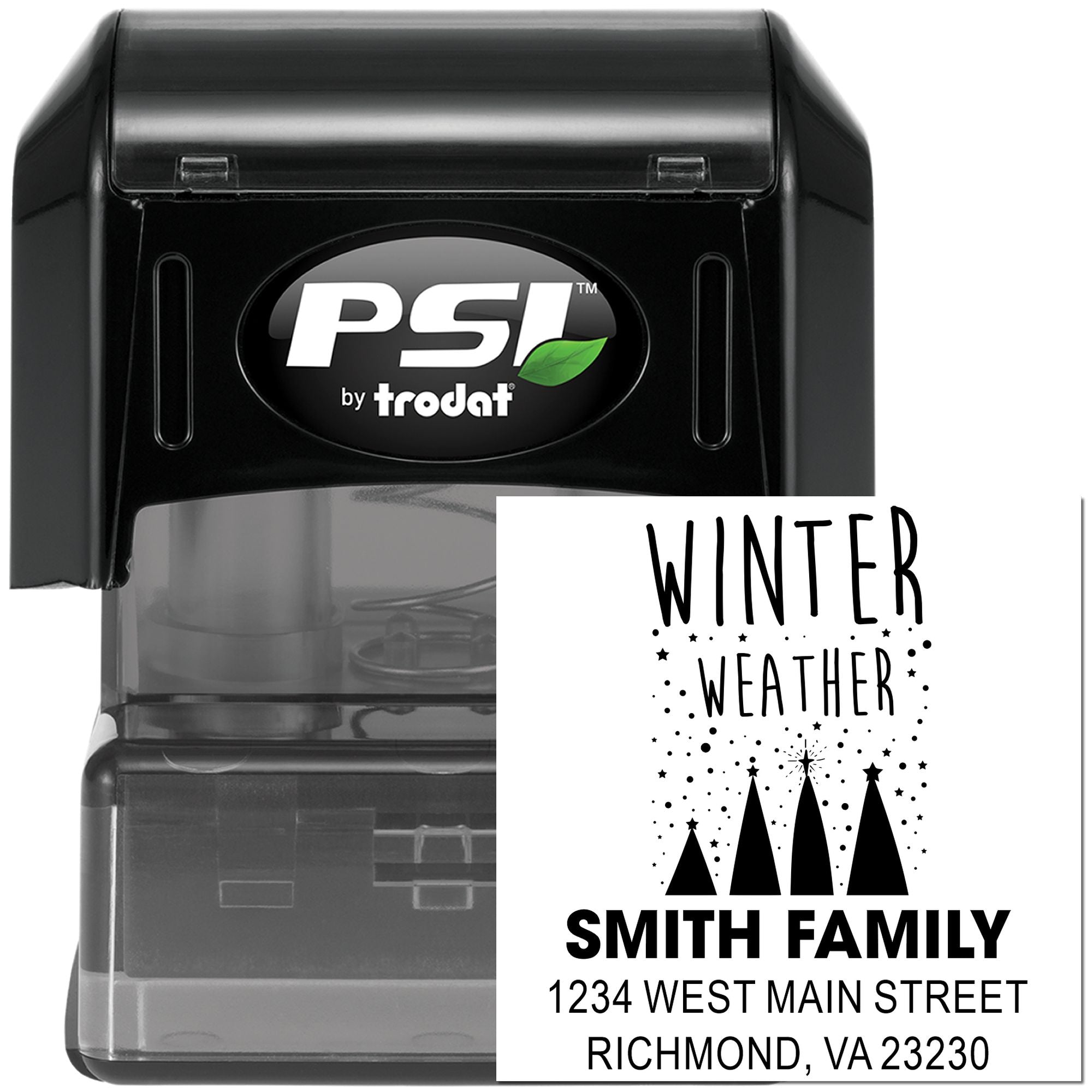 PSI by Trodat self-inking custom address stamp with Winter Weather design and Smith Family Richmond, VA imprint