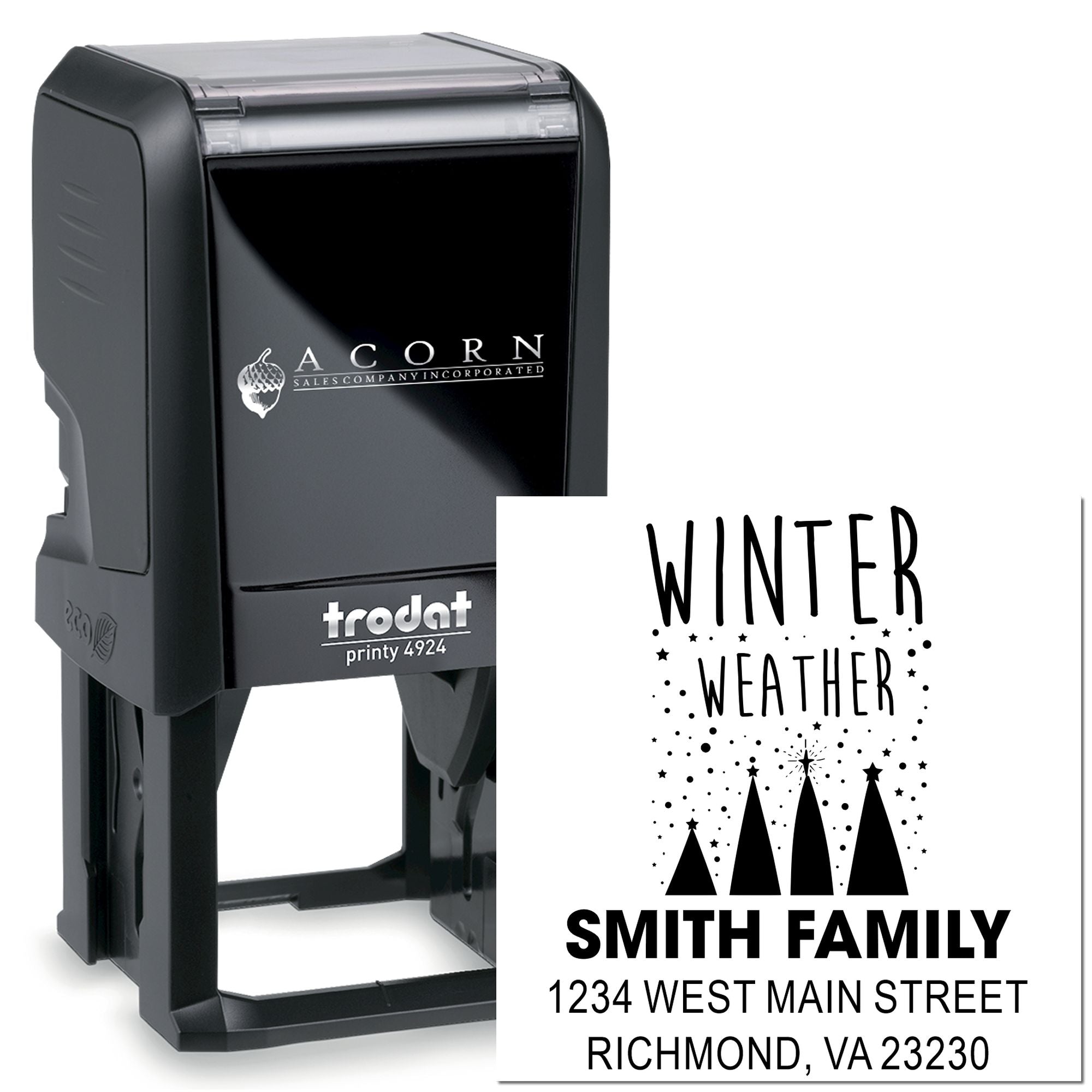 Trodat self-inking rubber stamp with custom Winter Weather design, Smith Family name, and address for personalized mailing.