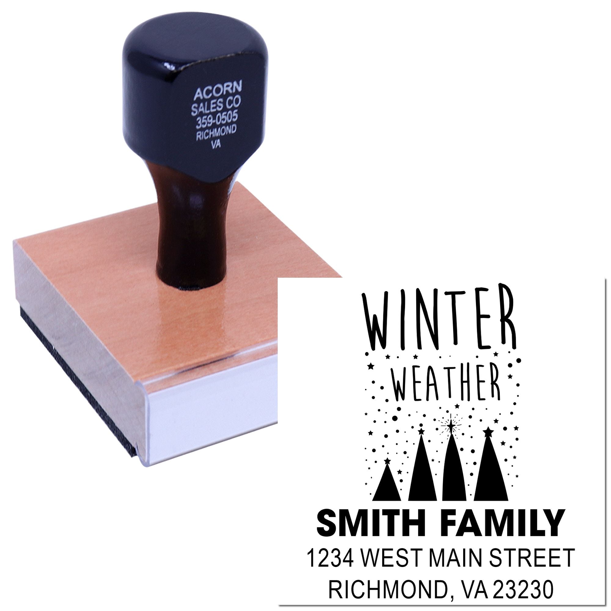 Custom winter weather address rubber stamp for Smith Family, Richmond VA, with decorative trees and snowflakes.