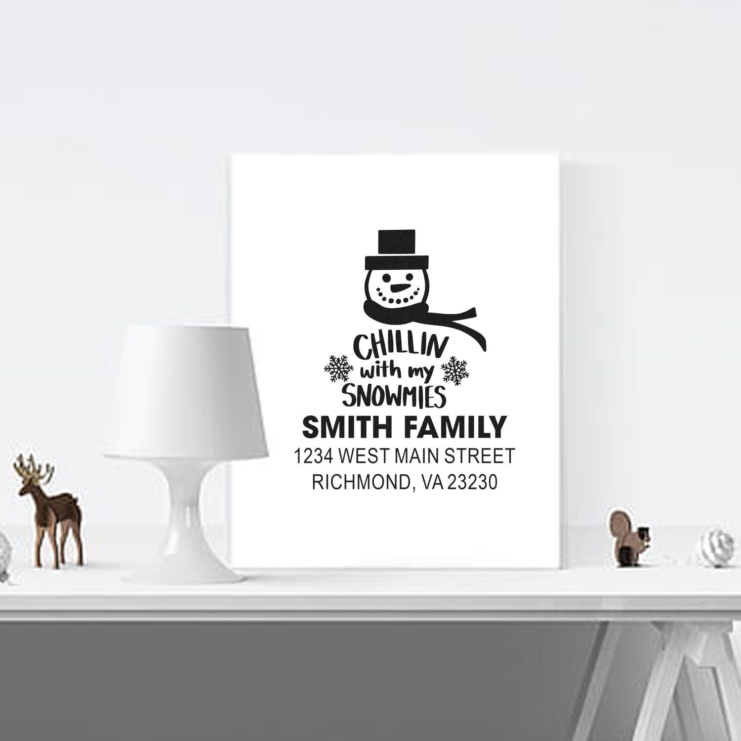 Custom snowman holiday address rubber stamp with Chillin with My Snowmies for Smith Family cards and winter mailings