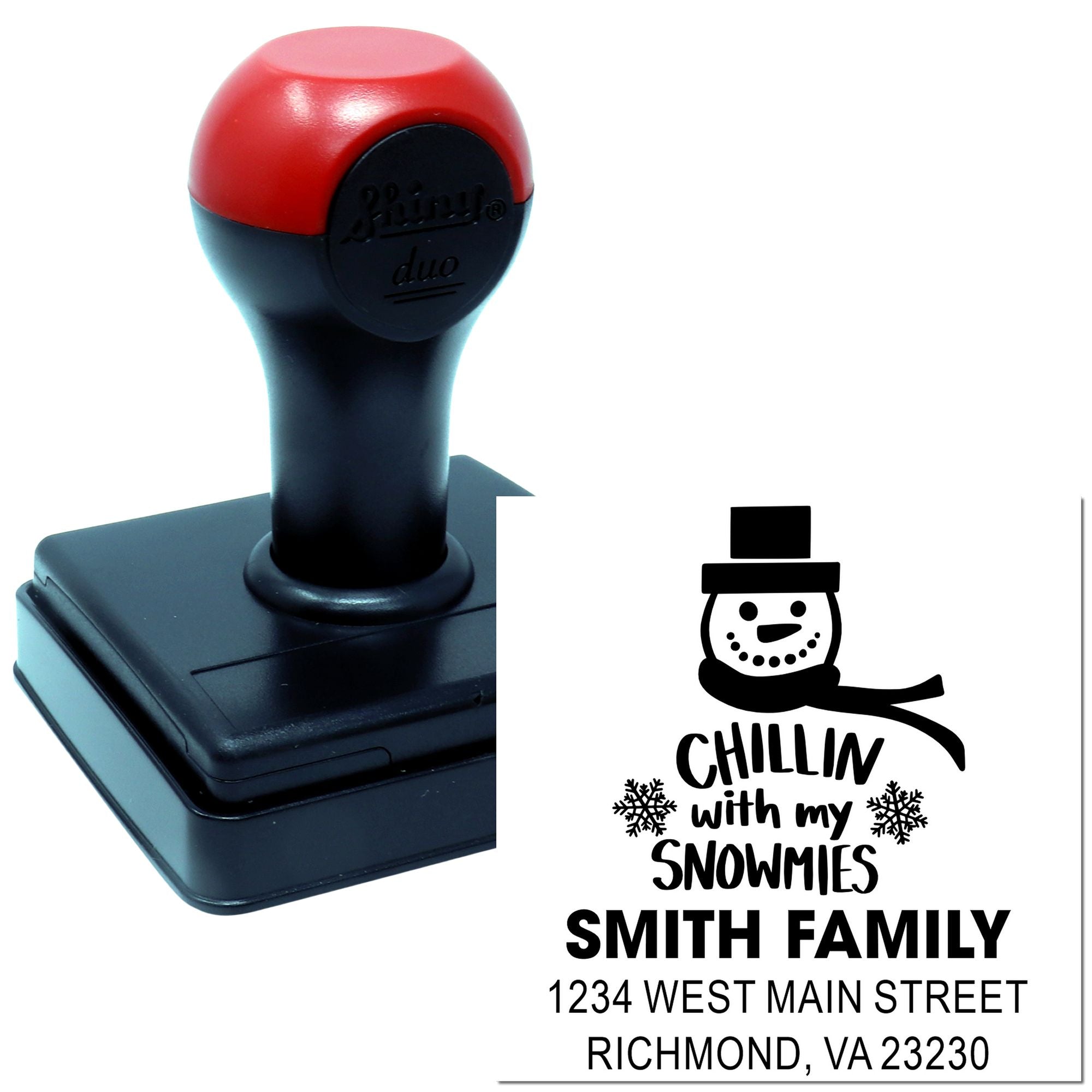 Custom self-inking rubber stamp with snowman design, Chillin with my Snowmies, Smith Family name and address.