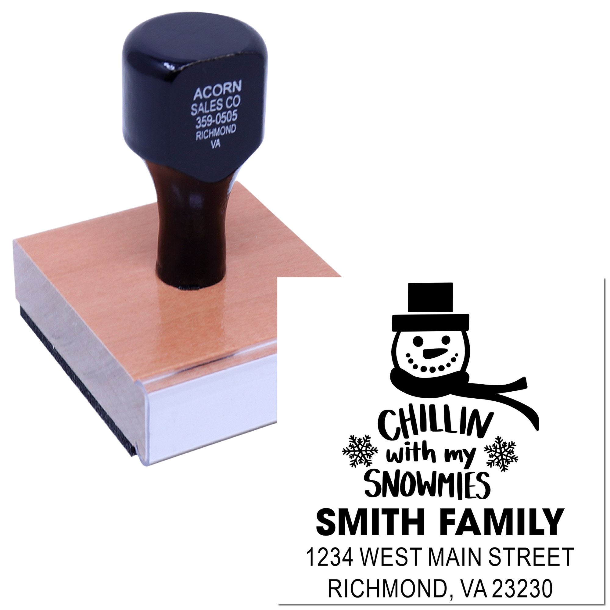 Personalized snowman family address rubber stamp with holiday greeting and return address imprint