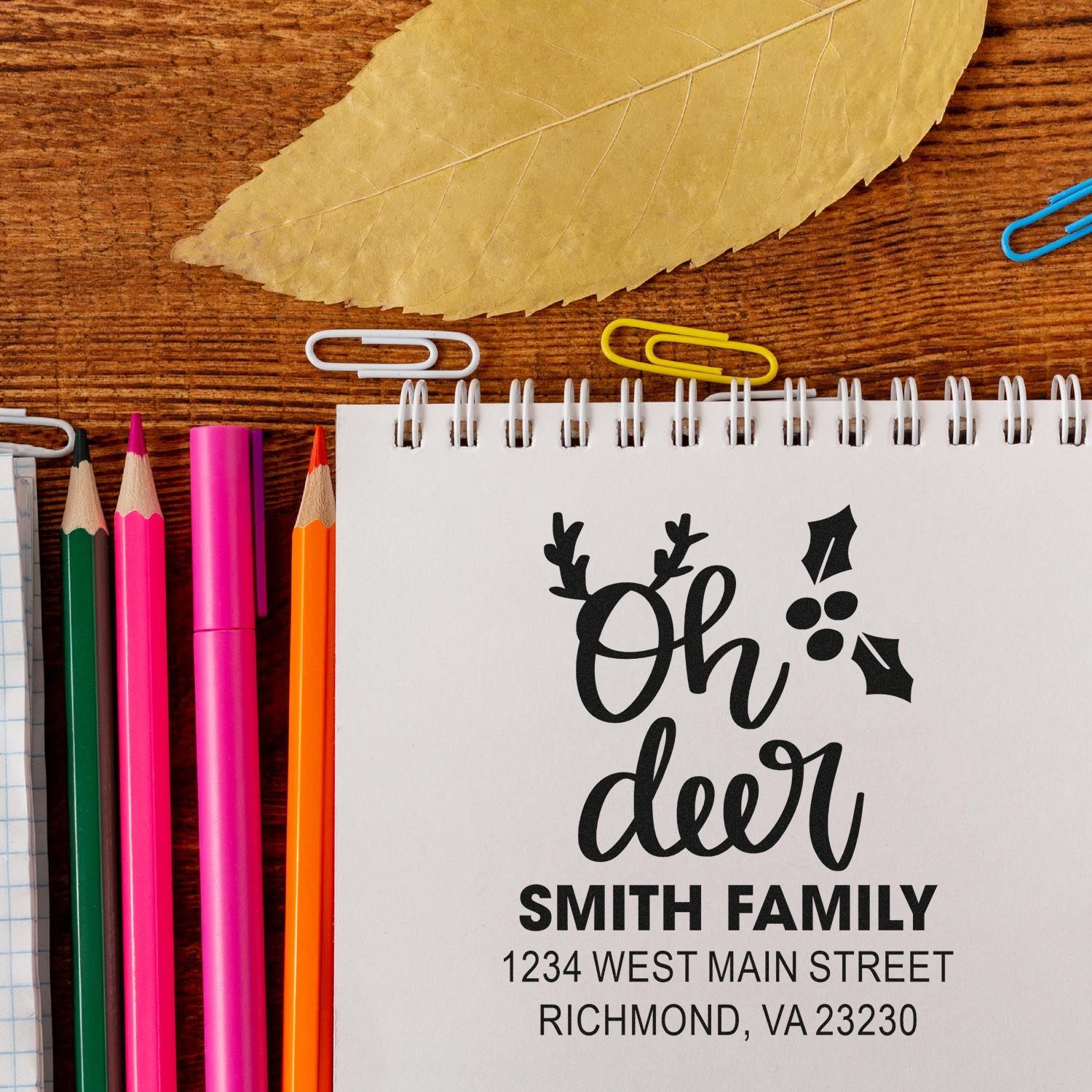 Custom holiday rubber address stamp with Oh Deer family return address for Christmas cards and stationery.
