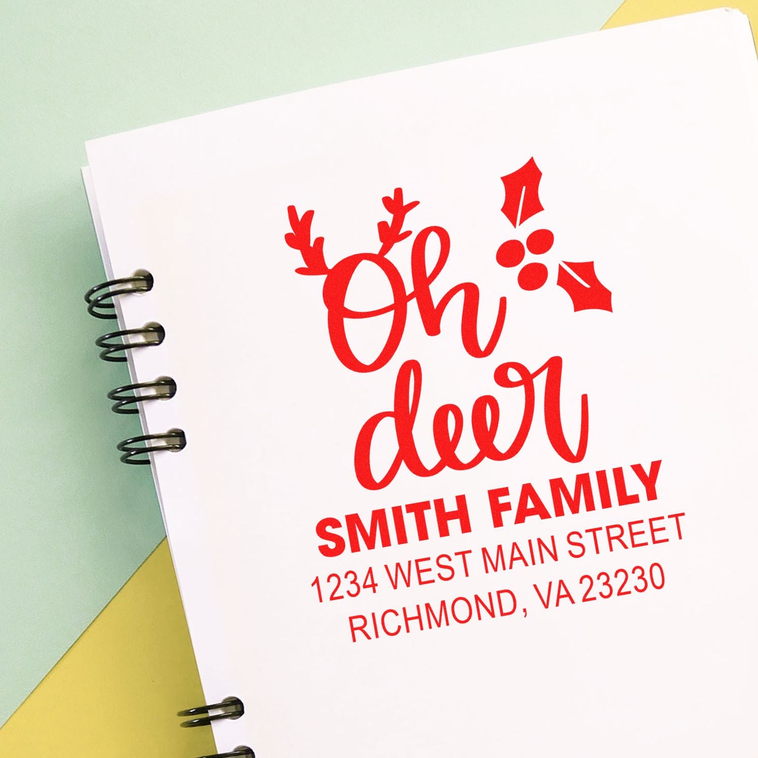 Custom holiday address rubber stamp with Oh Deer design, perfect for Christmas cards, gift tags, and festive mail.