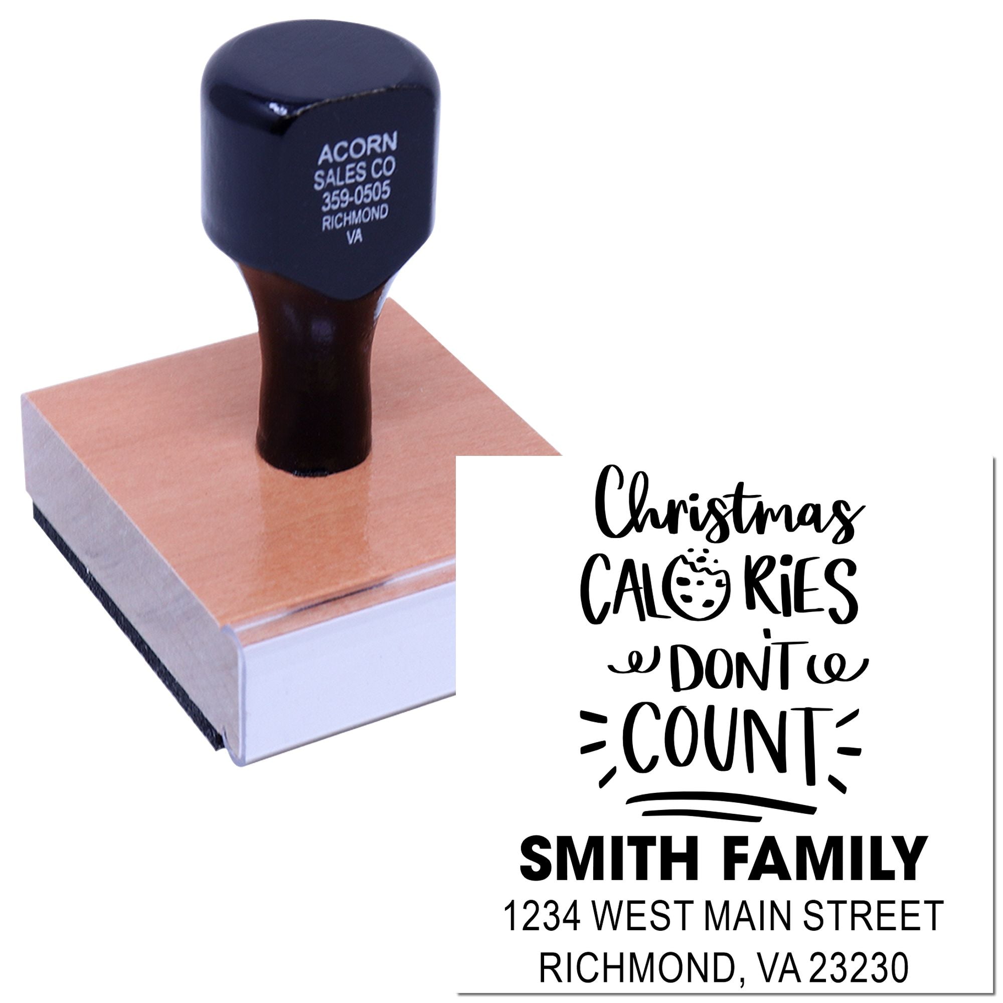 Personalized Christmas rubber stamp for holiday cards featuring family name and return address.