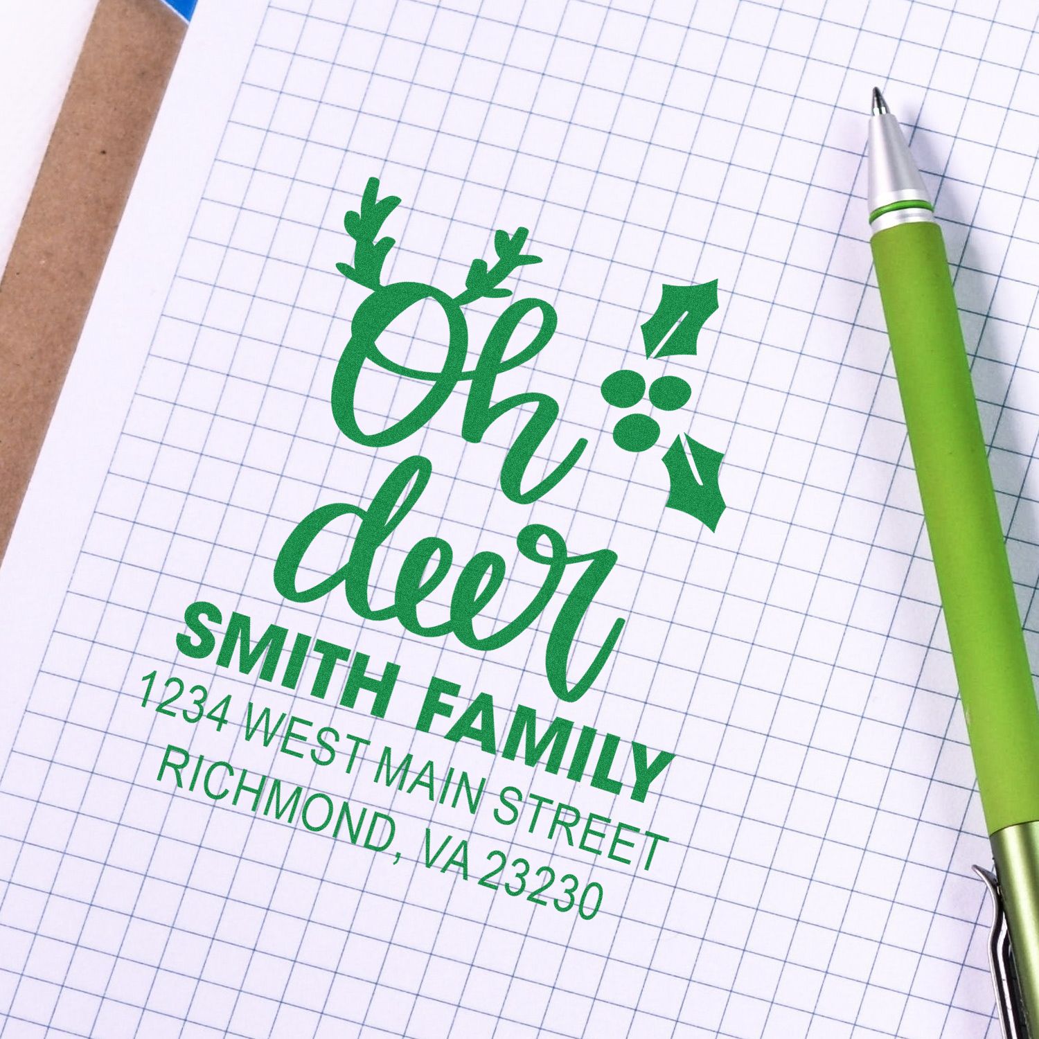 Custom holiday address rubber stamp design with Oh deer deer motif and Smith Family Richmond, VA return address.