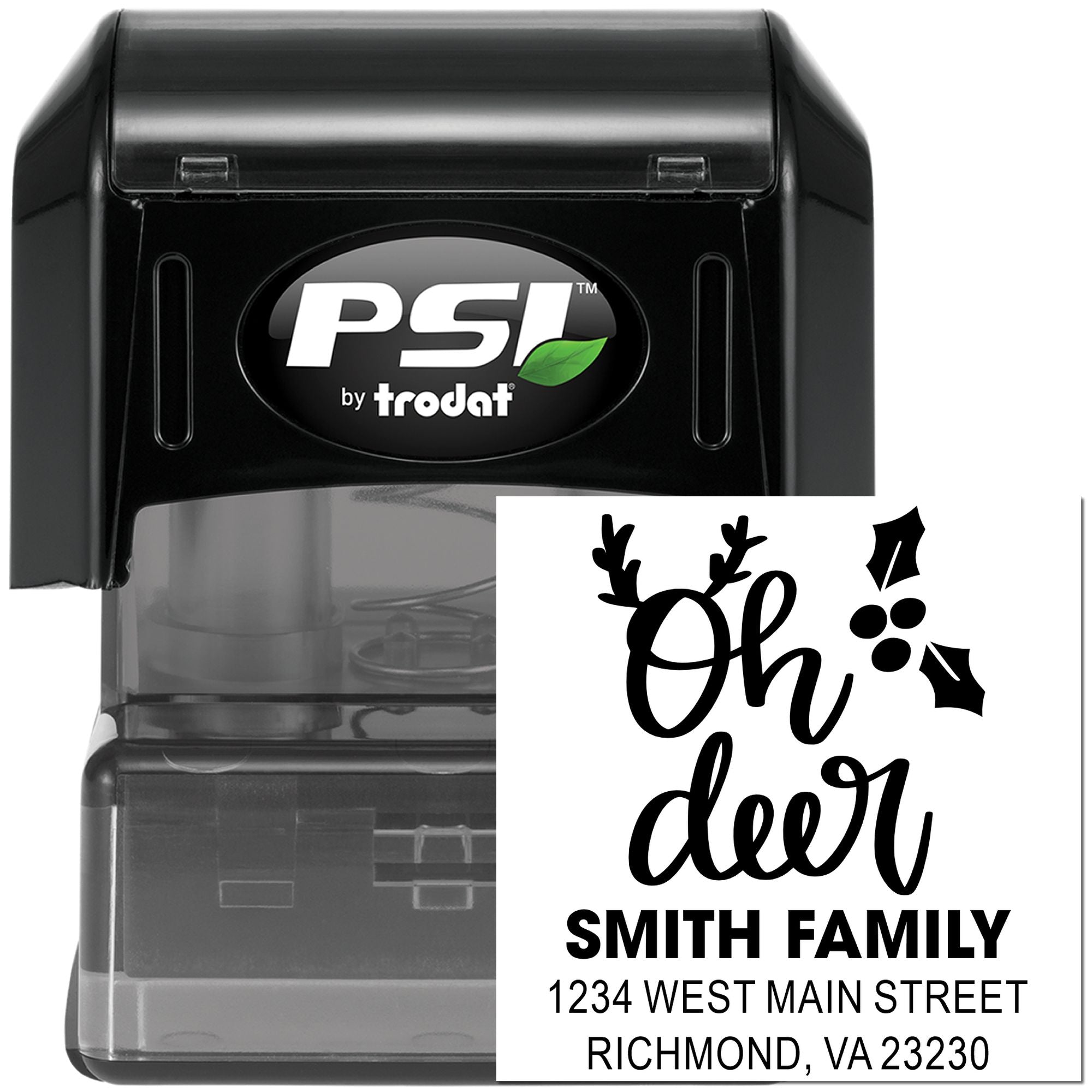 Custom self-inking return address rubber stamp by PSI Trodat with festive Oh deer Smith family design.
