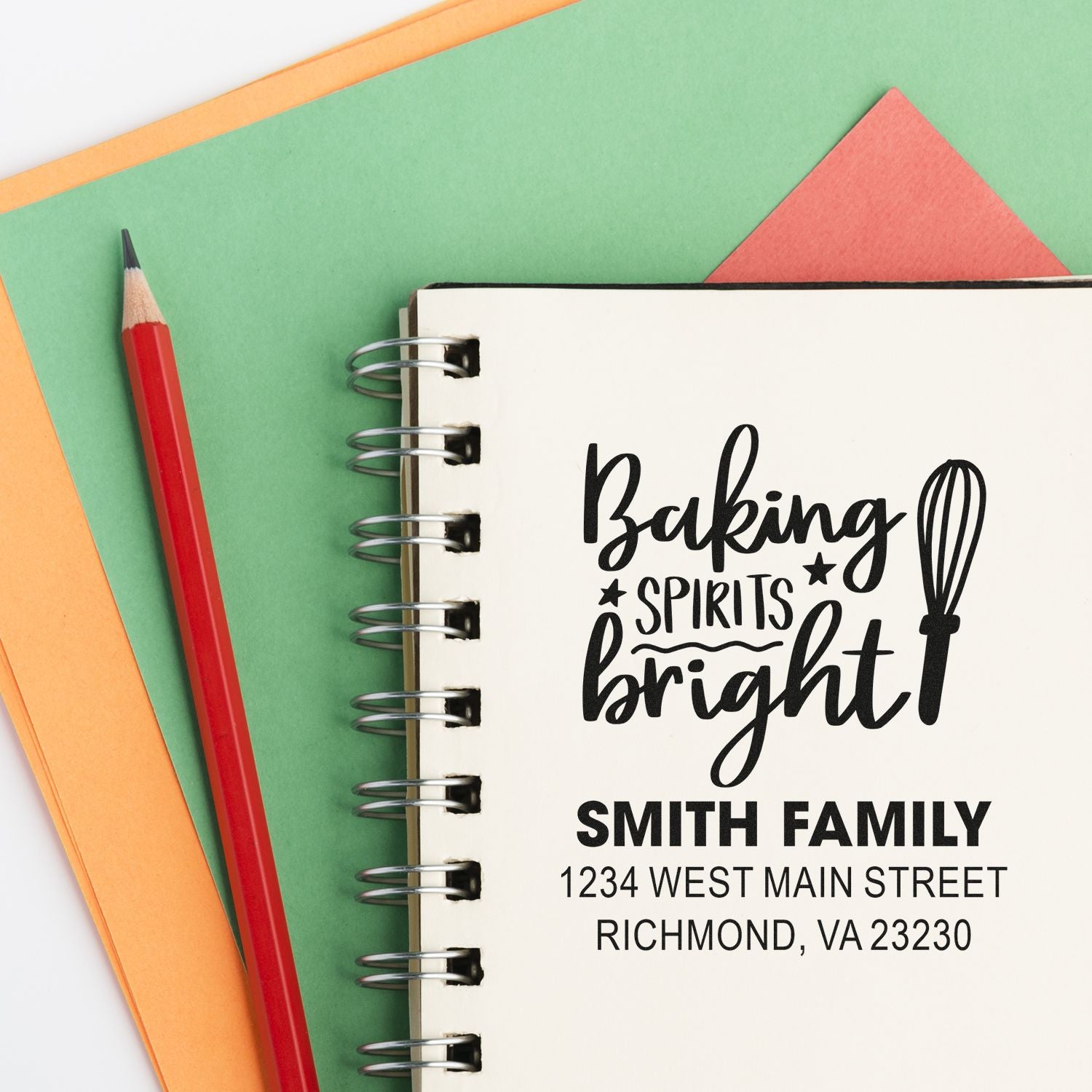 Personalized family return address rubber stamp with Baking Spirits Bright design for holiday baking and festive card mailings.