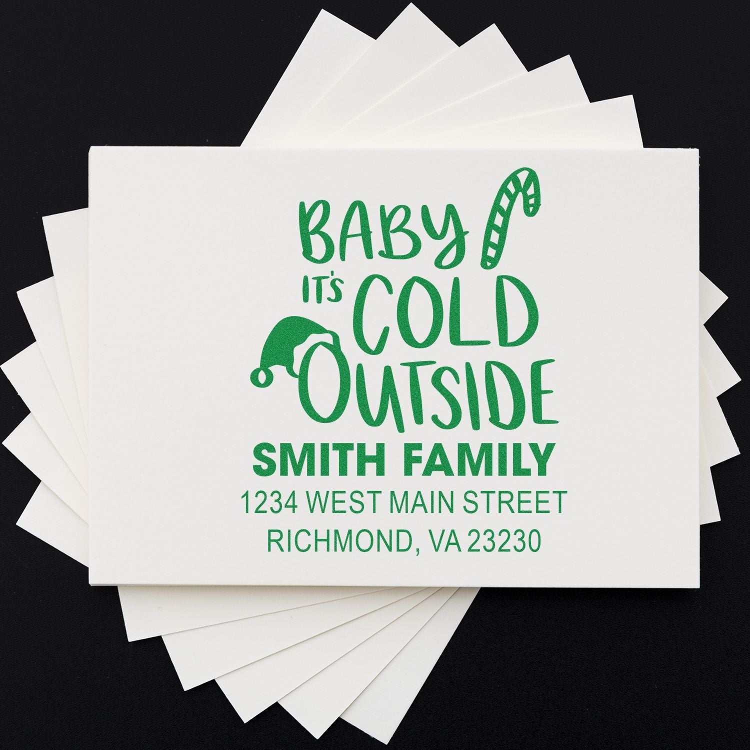 Custom holiday return address rubber stamp for Smith family, with Baby, Its Cold Outside and Richmond, VA address.
