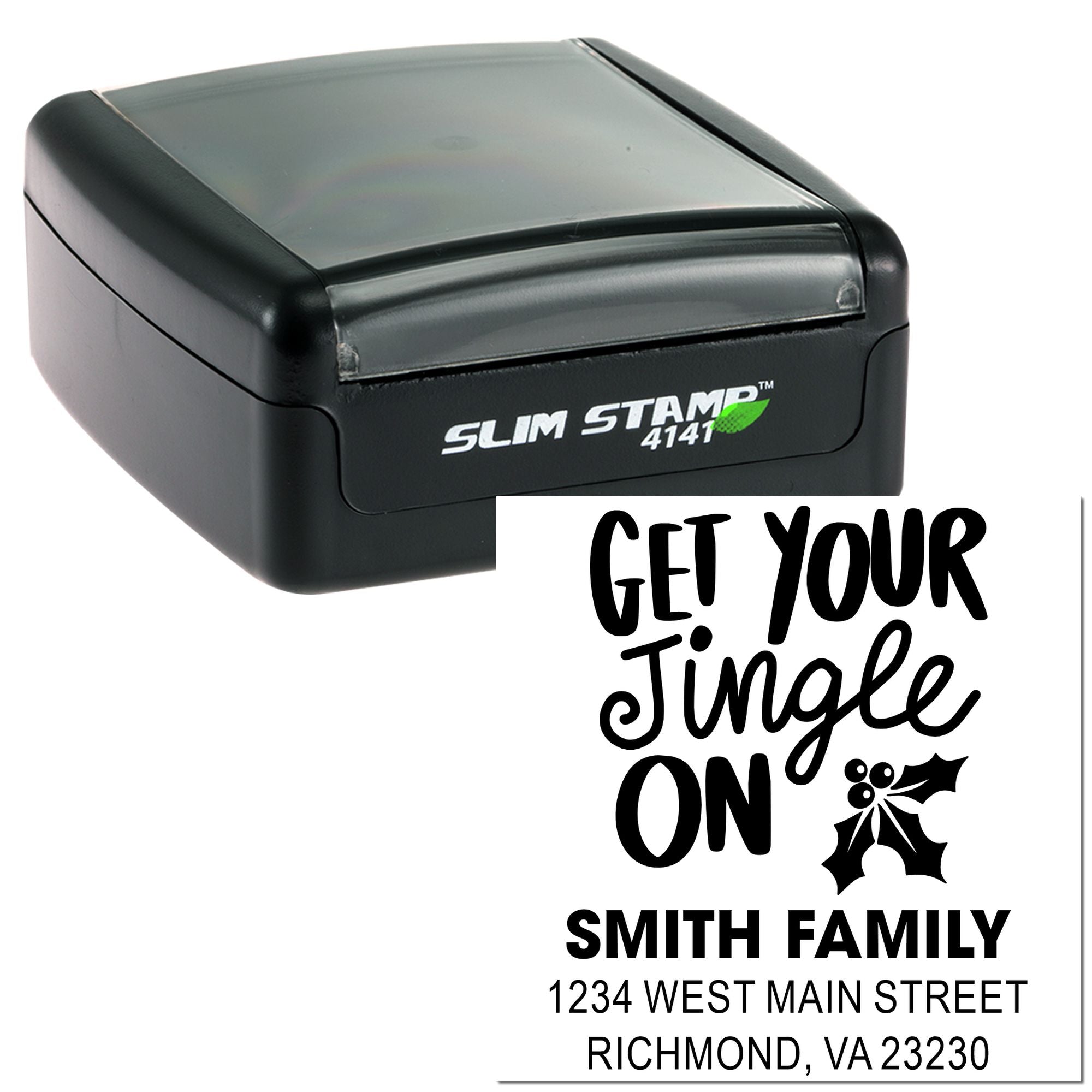 Self-inking rubber stamp for custom holiday return address labels, shown with Slim Stamp 4141 and personalized address design.