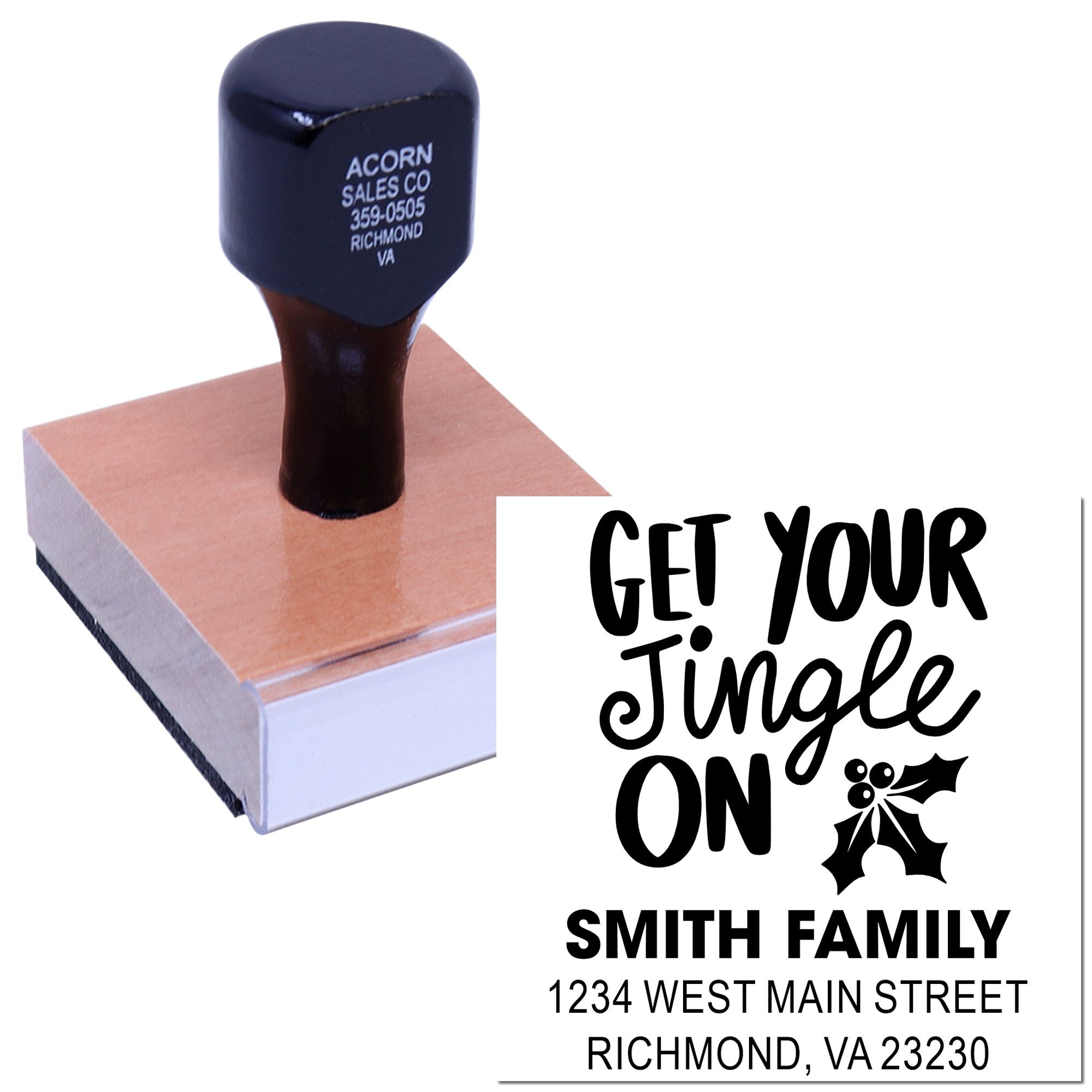 Custom holiday return address rubber stamp with Get Your Jingle On design for personalized Christmas envelopes
