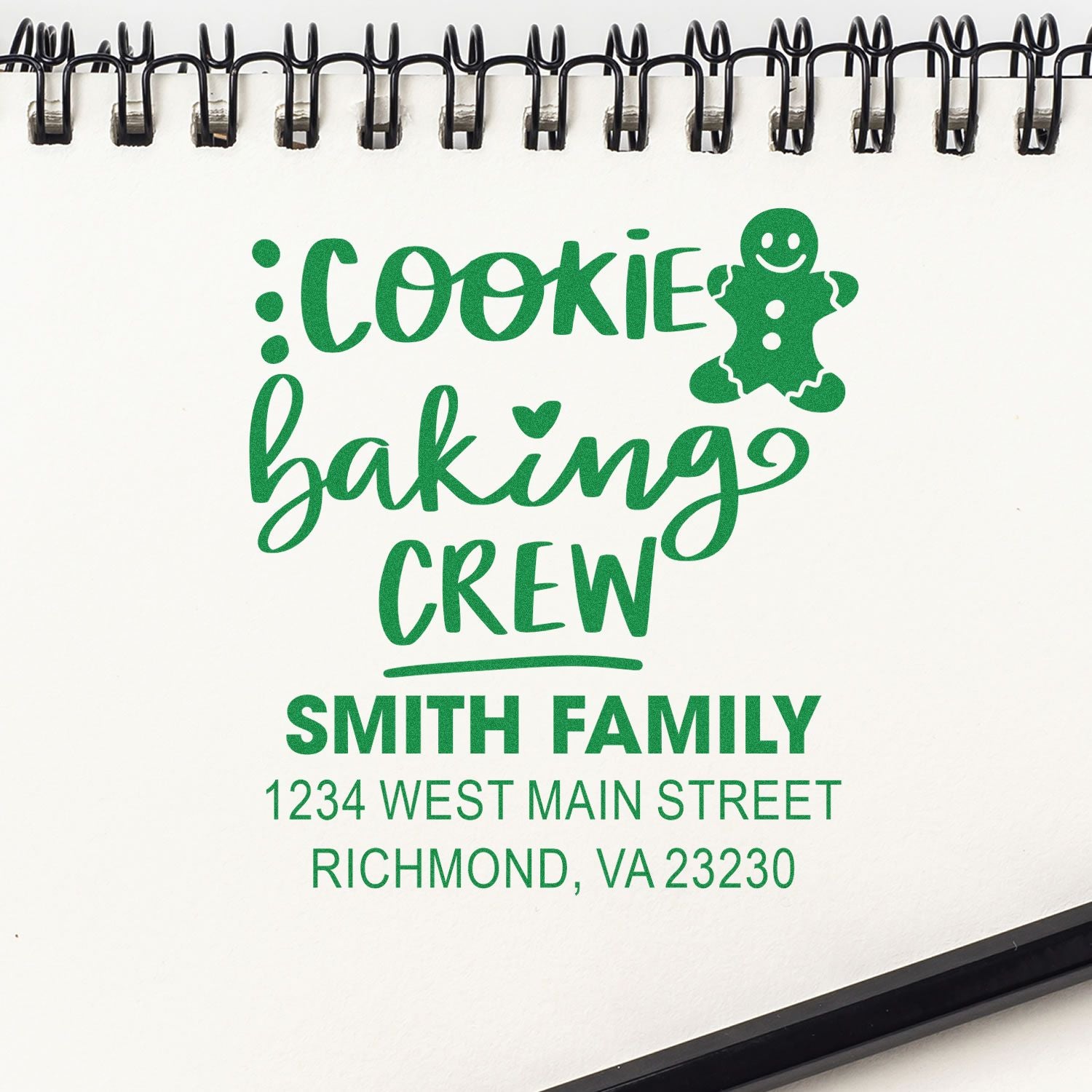 Personalized cookie baking crew rubber stamp design with gingerbread man, Smith family name, and address.
