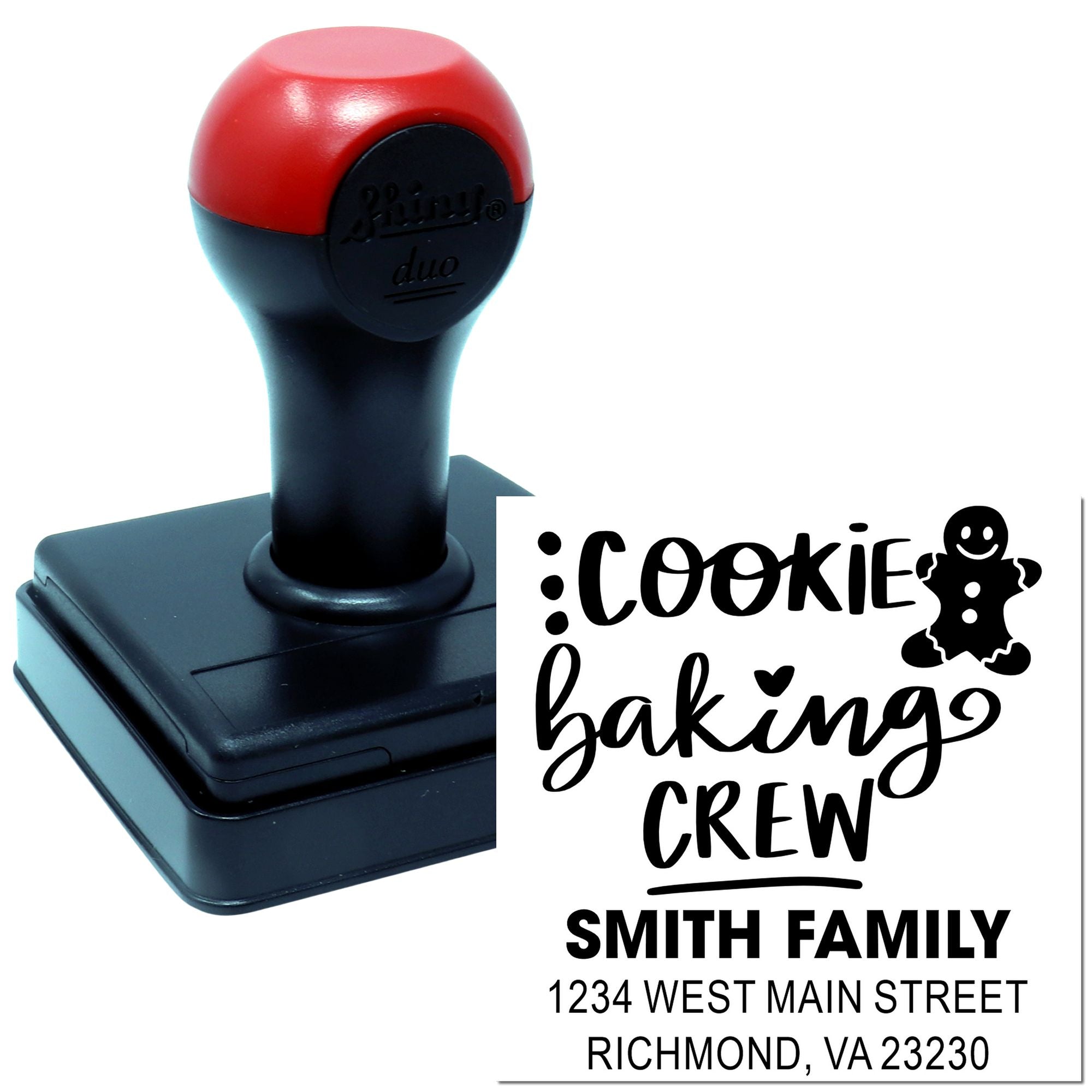 Custom rubber stamp for Cookie Baking Crew return address, personalized with Smith Family name and Richmond, VA address.