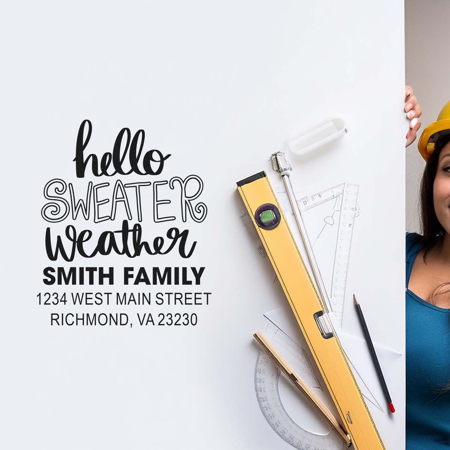 Custom rubber stamp with Hello Sweater Weather, Smith family name, and Richmond, VA return address for seasonal mailings